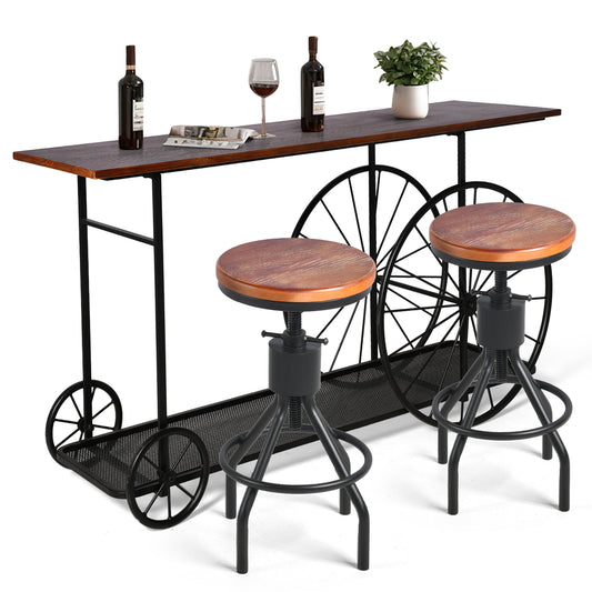 Set of 3，59.1”Console Table Set With 2 Bar Stool, 2-Tier Industrial Entryway Table with Wheels, Narrow Entrance Sofa Table with Shelves, Hallway, Living Room, Foyer, Corridor, Office, Rustic Brown and Black