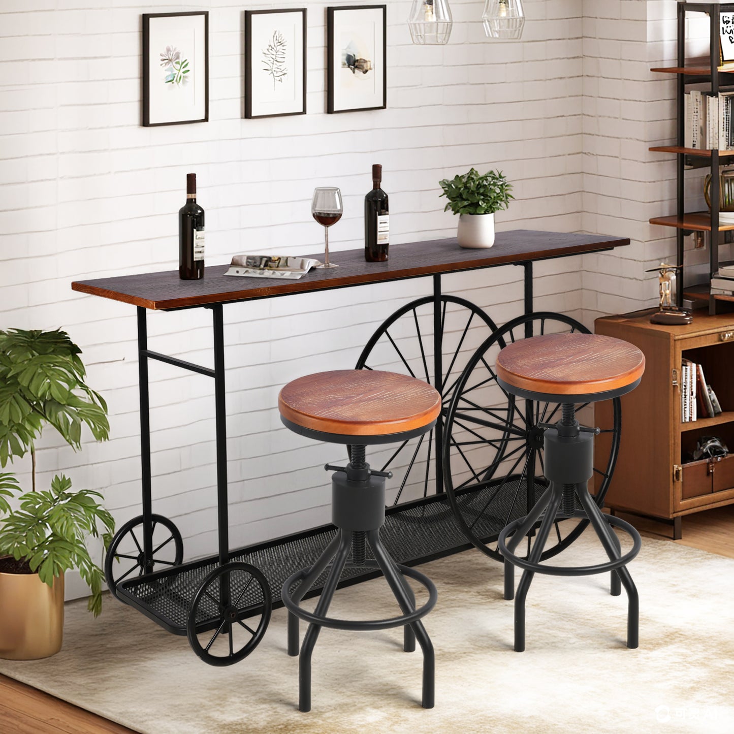 Set of 3，59.1”Console Table Set With 2 Bar Stool, 2-Tier Industrial Entryway Table with Wheels, Narrow Entrance Sofa Table with Shelves, Hallway, Living Room, Foyer, Corridor, Office, Rustic Brown and Black