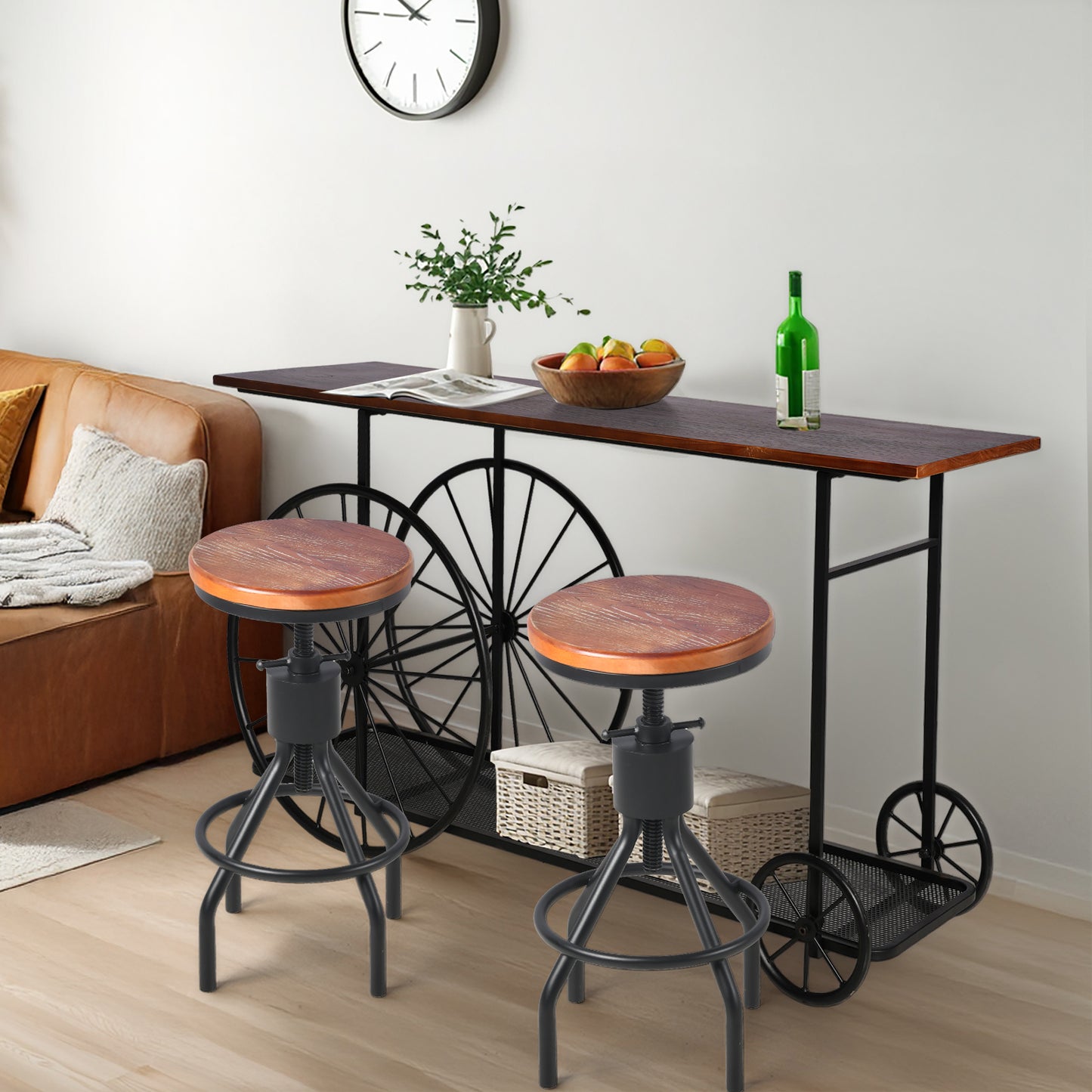 Set of 3，59.1”Console Table Set With 2 Bar Stool, 2-Tier Industrial Entryway Table with Wheels, Narrow Entrance Sofa Table with Shelves, Hallway, Living Room, Foyer, Corridor, Office, Rustic Brown and Black