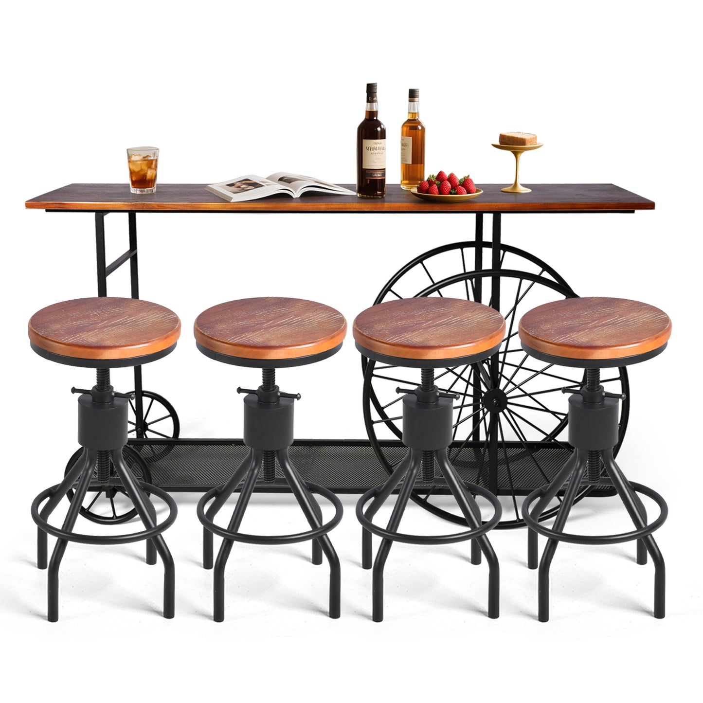 Set of 5，59.1”Console Table Set With 4 Bar Stool, 2-Tier Industrial Entryway Table with Wheels, Narrow Entrance Sofa Table with Shelves, Hallway, Living Room, Foyer, Corridor, Office, Rustic Brown and Black