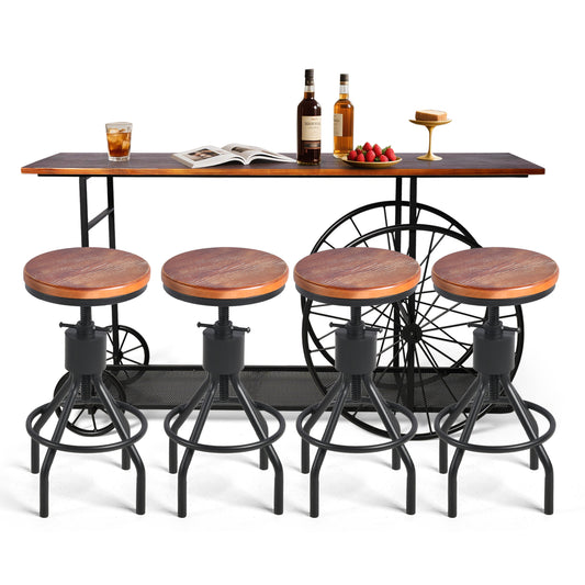 Set of 5，59.1”Console Table Set With 4 Bar Stool, 2-Tier Industrial Entryway Table with Wheels, Narrow Entrance Sofa Table with Shelves, Hallway, Living Room, Foyer, Corridor, Office, Rustic Brown and Black