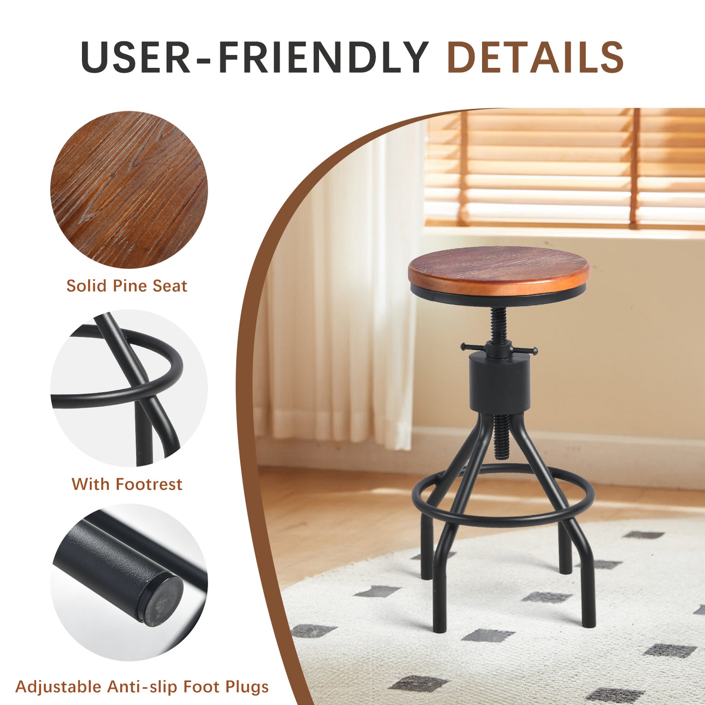 Set of 5，59.1”Console Table Set With 4 Bar Stool, 2-Tier Industrial Entryway Table with Wheels, Narrow Entrance Sofa Table with Shelves, Hallway, Living Room, Foyer, Corridor, Office, Rustic Brown and Black