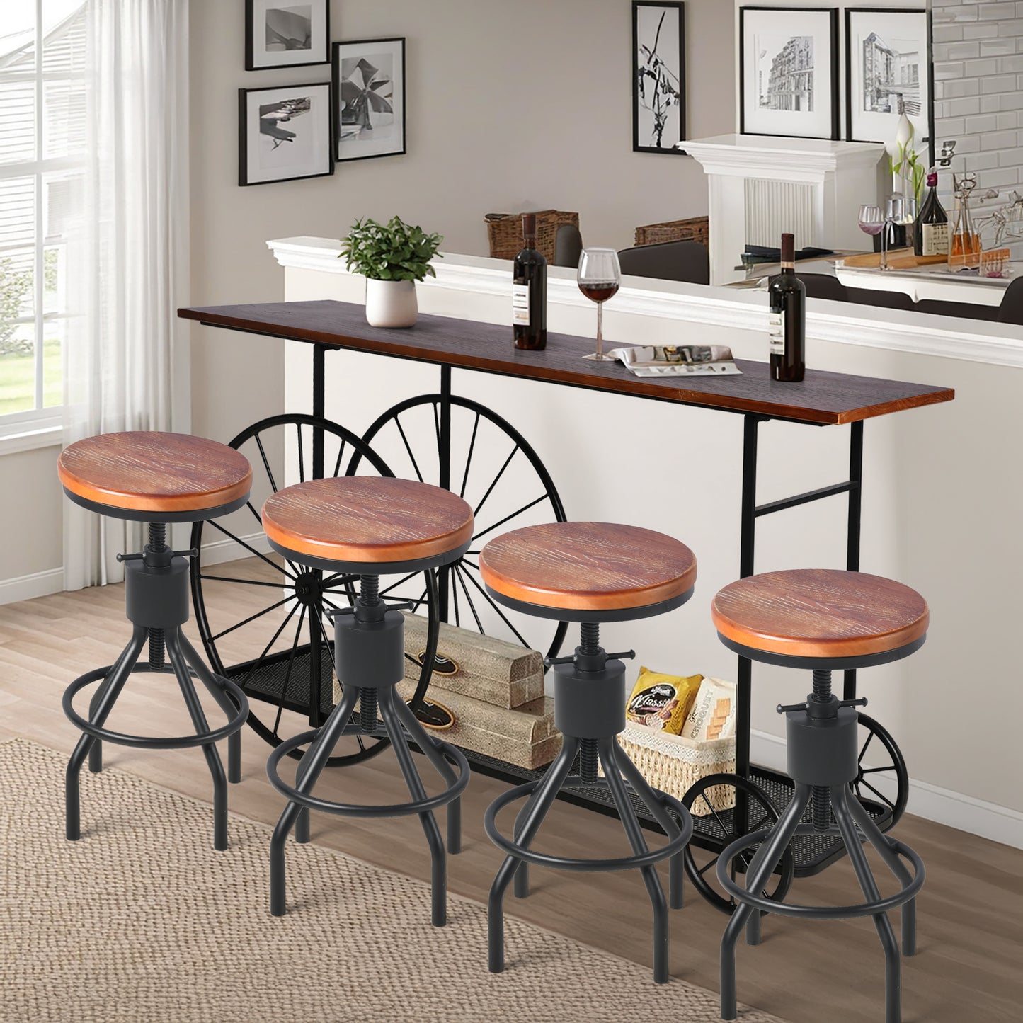 Set of 5，59.1”Console Table Set With 4 Bar Stool, 2-Tier Industrial Entryway Table with Wheels, Narrow Entrance Sofa Table with Shelves, Hallway, Living Room, Foyer, Corridor, Office, Rustic Brown and Black