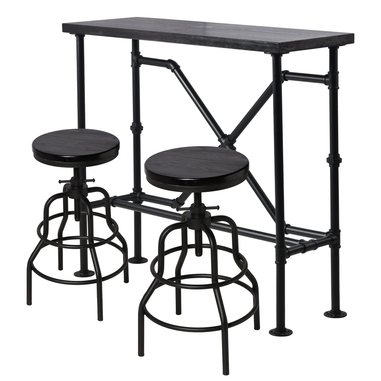 Industrial Bar Table and 2 Stools Set, Solid Pine Wood with Black Walnut Finish, Fixed Height Bar Height Table with Adjustable Stools for Kitchen, Dining Room, Home Bar & Cafe