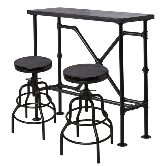 Industrial Bar Table and 2 Stools Set, Solid Pine Wood with Black Walnut Finish, Fixed Height Bar Height Table with Adjustable Stools for Kitchen, Dining Room, Home Bar & Cafe