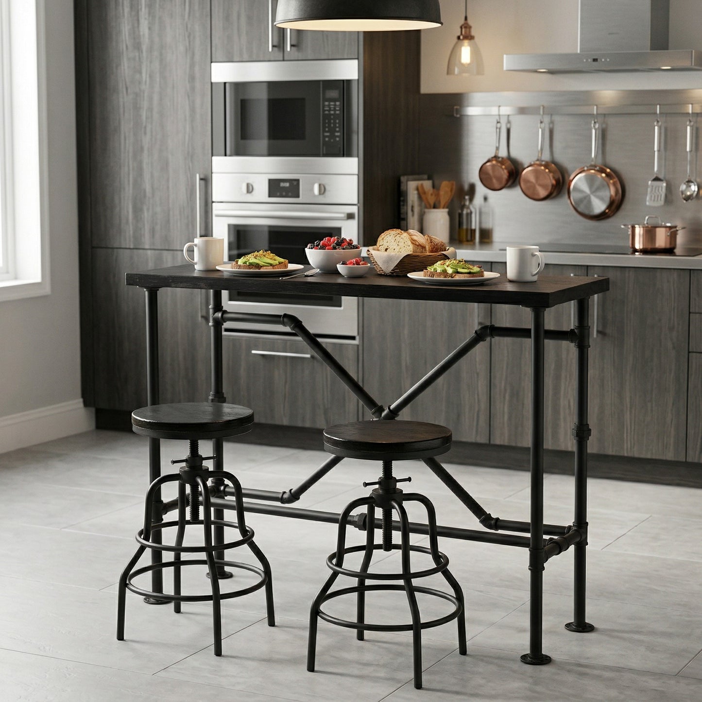 Industrial Bar Table and 2 Stools Set, Solid Pine Wood with Black Walnut Finish, Fixed Height Bar Height Table with Adjustable Stools for Kitchen, Dining Room, Home Bar & Cafe