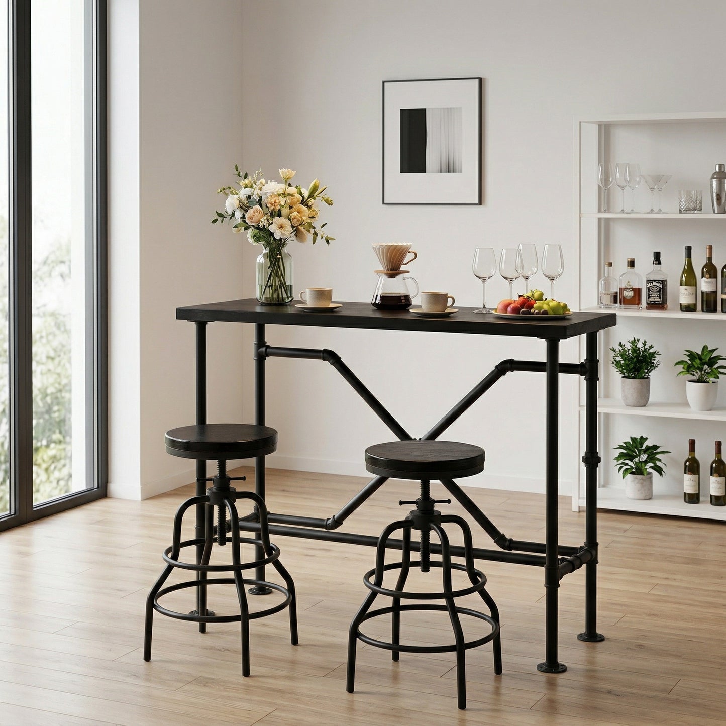 Industrial Bar Table and 2 Stools Set, Solid Pine Wood with Black Walnut Finish, Fixed Height Bar Height Table with Adjustable Stools for Kitchen, Dining Room, Home Bar & Cafe