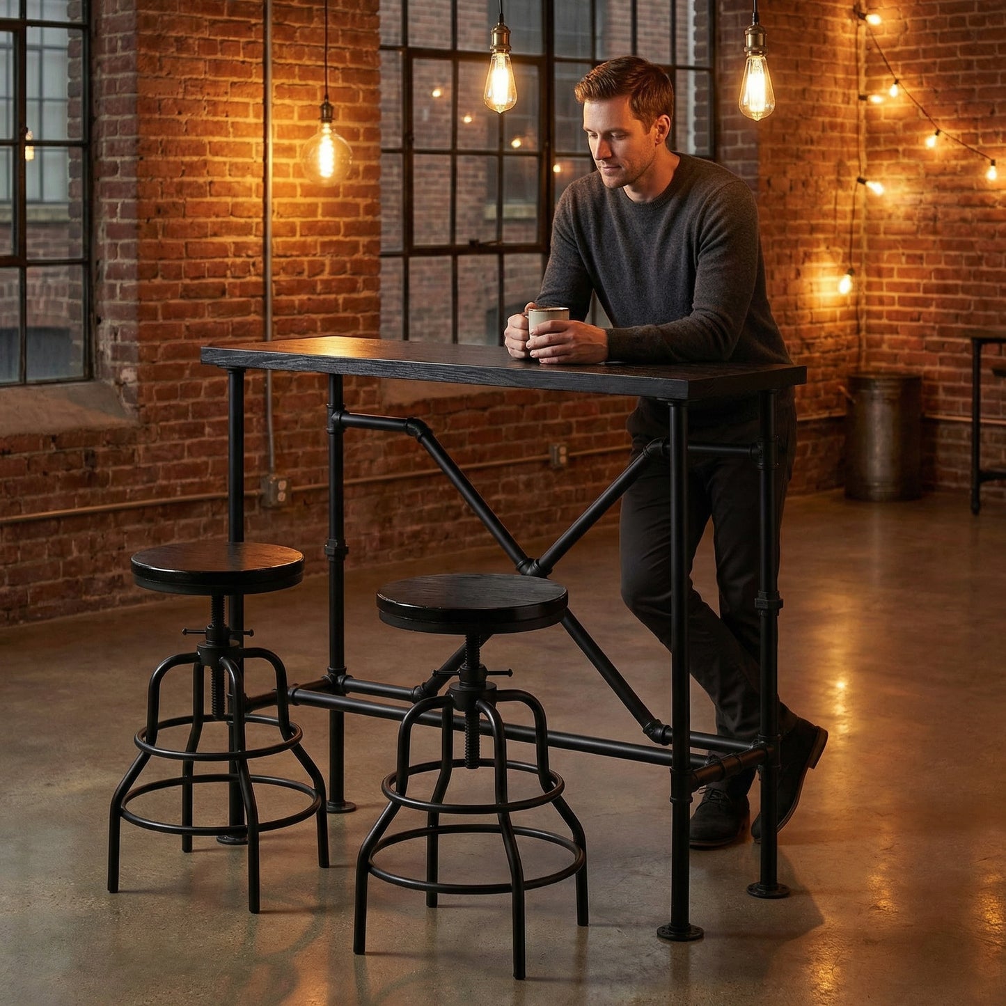 Industrial Bar Table and 2 Stools Set, Solid Pine Wood with Black Walnut Finish, Fixed Height Bar Height Table with Adjustable Stools for Kitchen, Dining Room, Home Bar & Cafe