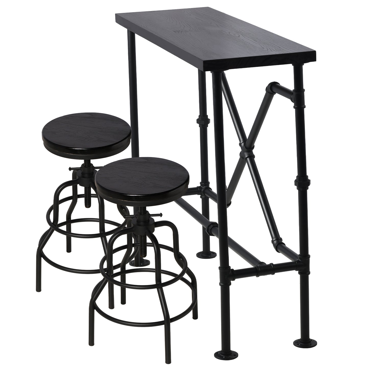 Industrial Bar Table and 2 Stools Set, Solid Pine Wood with Black Walnut Finish, Fixed Height Bar Height Table with Adjustable Stools for Kitchen, Dining Room, Home Bar & Cafe