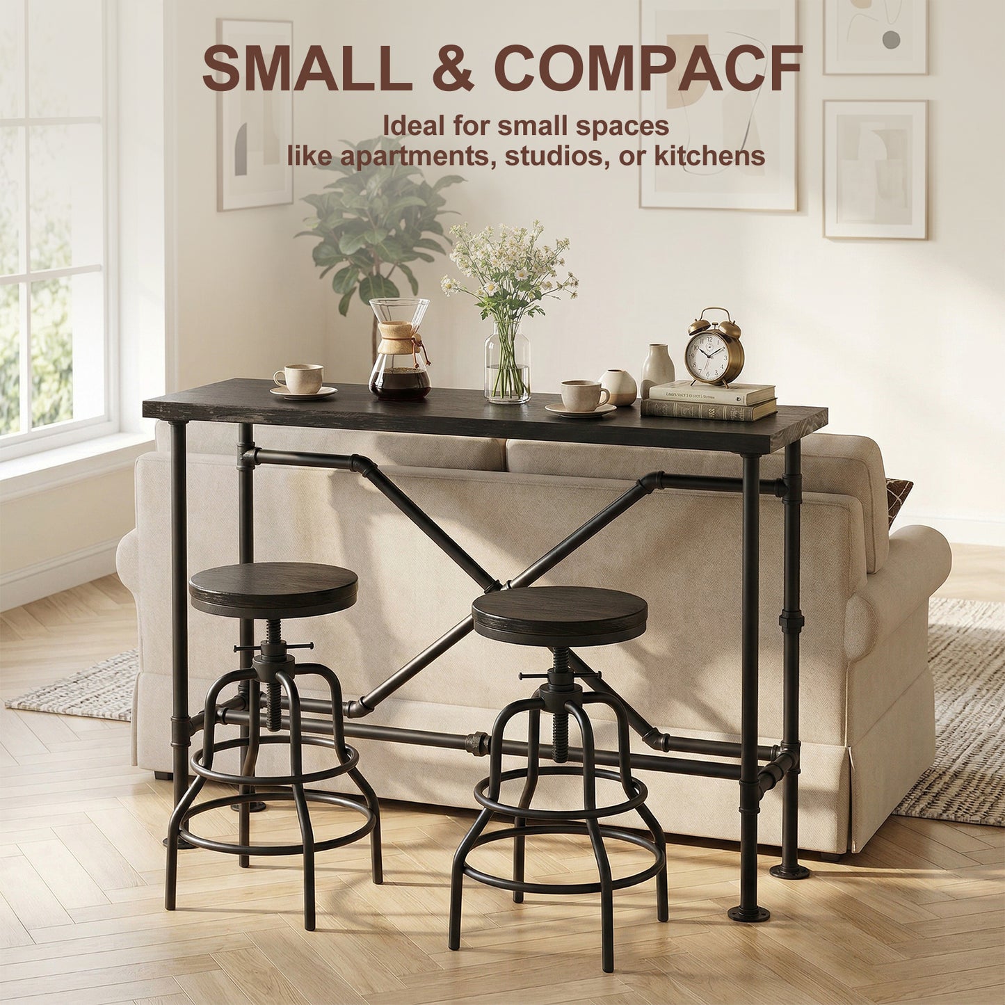 Industrial Bar Table and 2 Stools Set, Solid Pine Wood with Black Walnut Finish, Fixed Height Bar Height Table with Adjustable Stools for Kitchen, Dining Room, Home Bar & Cafe
