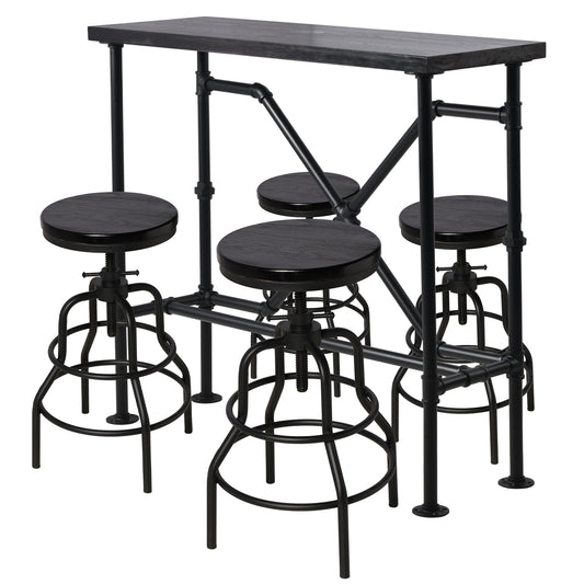 Industrial Bar Table and 4 Stools Set, Solid Pine Wood with Black Walnut Finish, Fixed Height Bar Height Table with Adjustable Stools for Kitchen, Dining Room, Home Bar & Cafe
