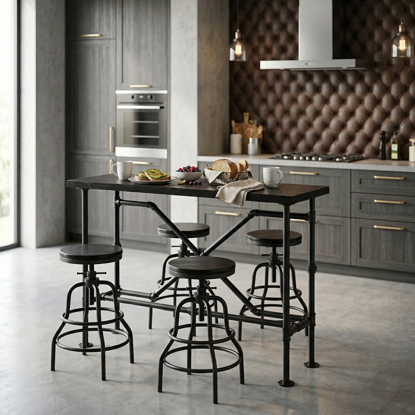 Industrial Bar Table and 4 Stools Set, Solid Pine Wood with Black Walnut Finish, Fixed Height Bar Height Table with Adjustable Stools for Kitchen, Dining Room, Home Bar & Cafe