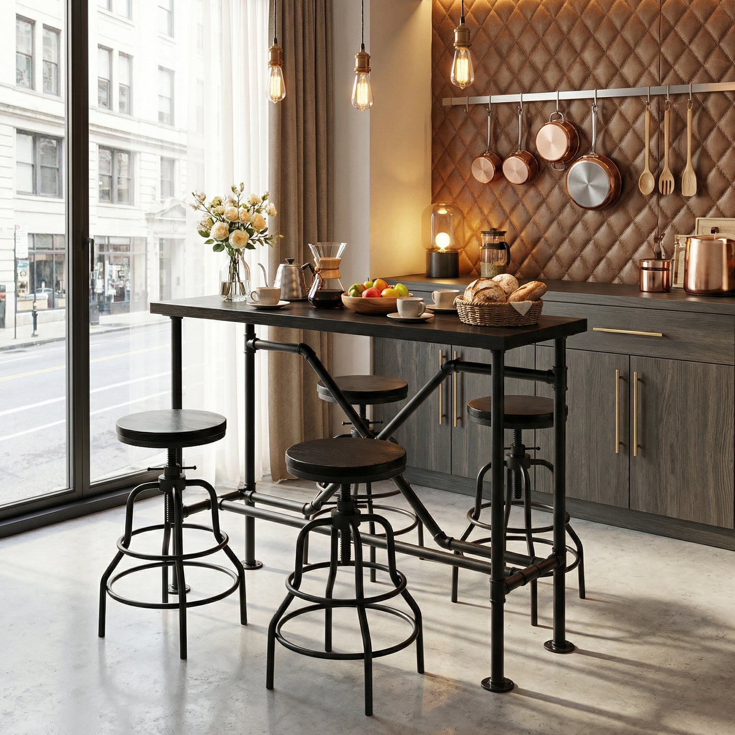 Industrial Bar Table and 4 Stools Set, Solid Pine Wood with Black Walnut Finish, Fixed Height Bar Height Table with Adjustable Stools for Kitchen, Dining Room, Home Bar & Cafe