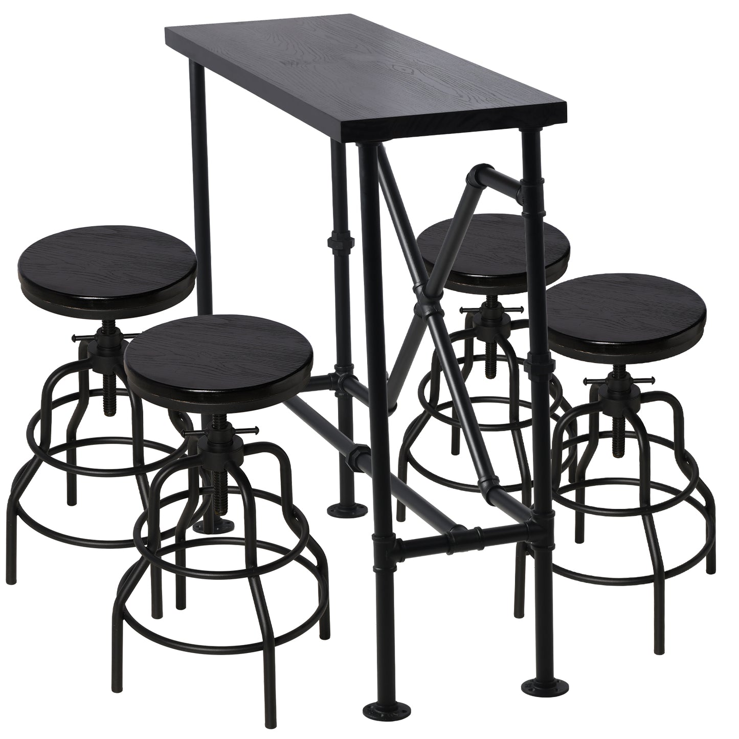 Industrial Bar Table and 4 Stools Set, Solid Pine Wood with Black Walnut Finish, Fixed Height Bar Height Table with Adjustable Stools for Kitchen, Dining Room, Home Bar & Cafe