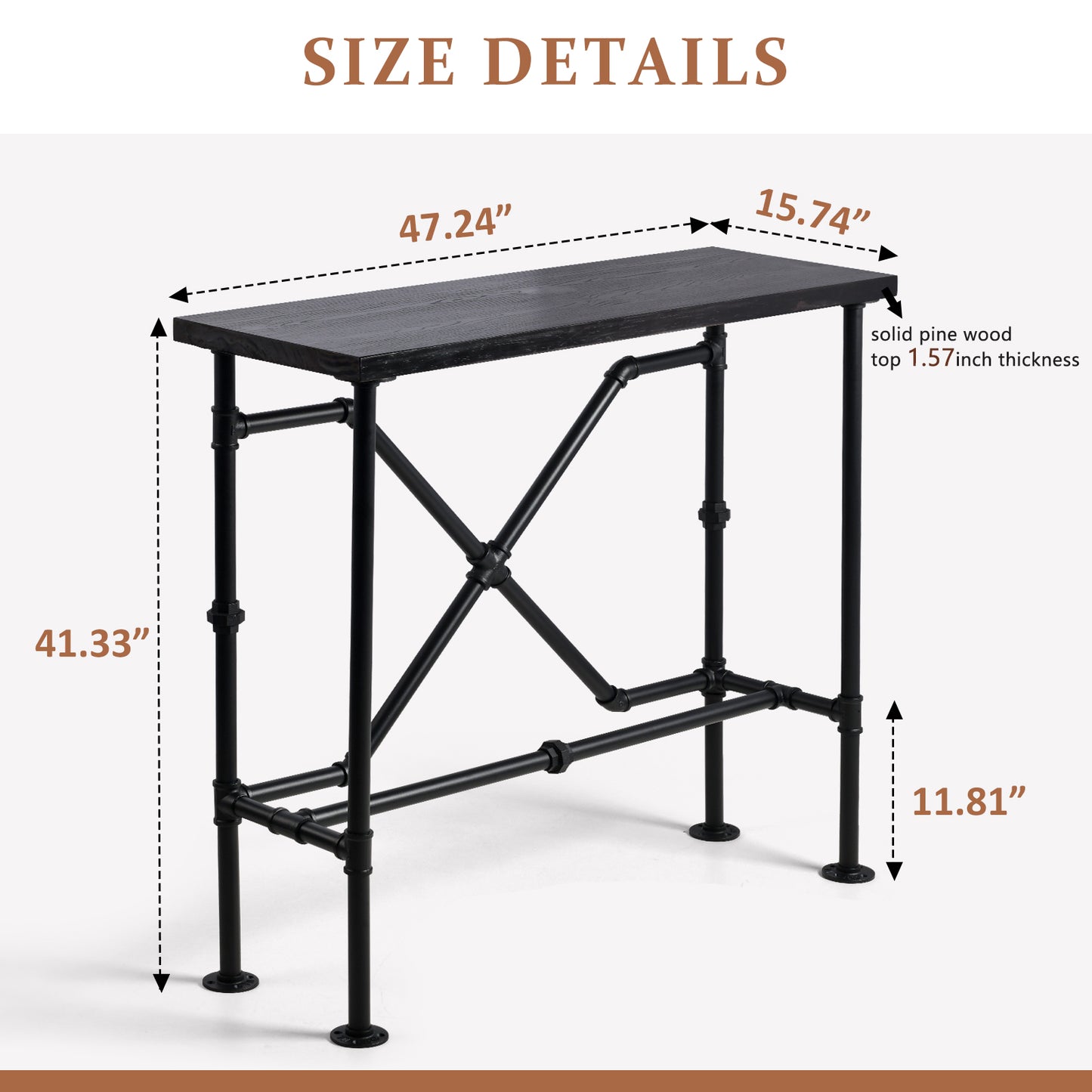 Industrial Bar Table and 4 Stools Set, Solid Pine Wood with Black Walnut Finish, Fixed Height Bar Height Table with Adjustable Stools for Kitchen, Dining Room, Home Bar & Cafe