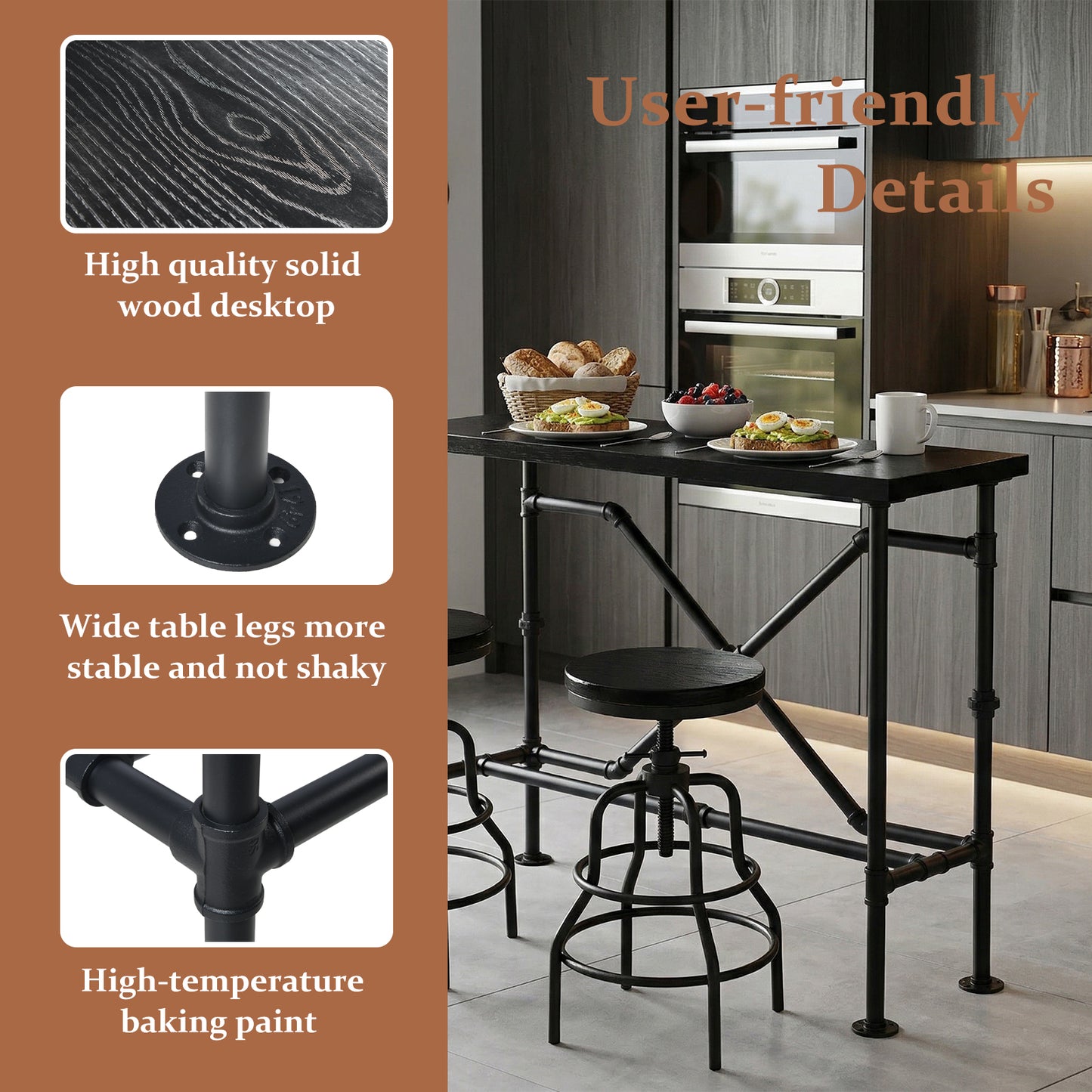 Industrial Bar Table and 4 Stools Set, Solid Pine Wood with Black Walnut Finish, Fixed Height Bar Height Table with Adjustable Stools for Kitchen, Dining Room, Home Bar & Cafe