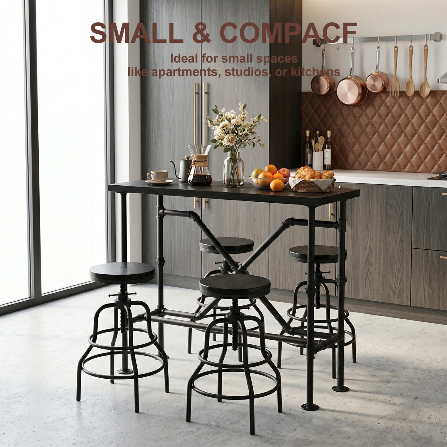 Industrial Bar Table and 4 Stools Set, Solid Pine Wood with Black Walnut Finish, Fixed Height Bar Height Table with Adjustable Stools for Kitchen, Dining Room, Home Bar & Cafe