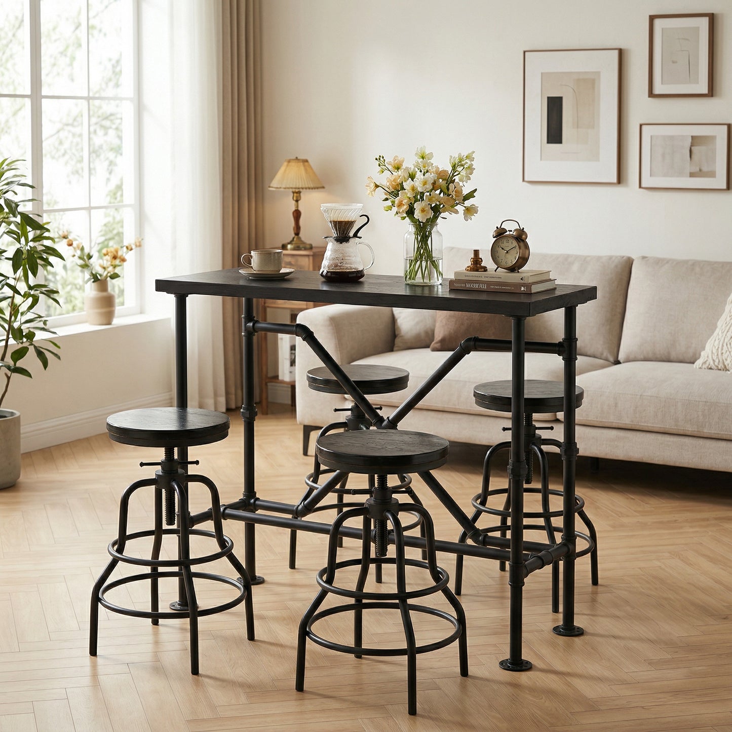 Industrial Bar Table and 4 Stools Set, Solid Pine Wood with Black Walnut Finish, Fixed Height Bar Height Table with Adjustable Stools for Kitchen, Dining Room, Home Bar & Cafe