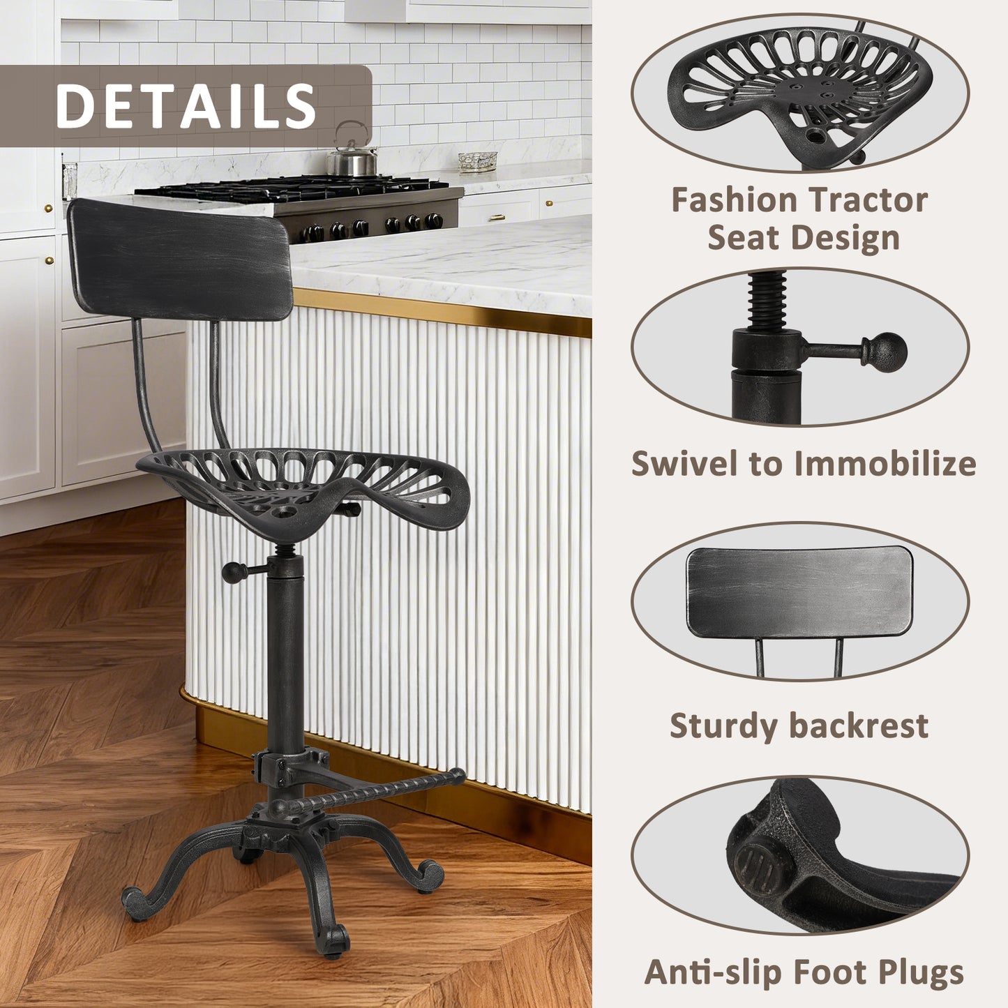 Industrial Design Metal Adjustable Height Backrest Chair Vintage Tractor Saddle Bar Stool (Rust, Style 2)