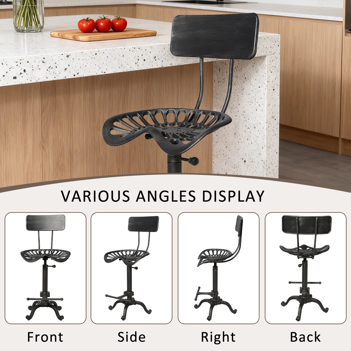 Industrial Design Metal Adjustable Height Backrest Chair Vintage Tractor Saddle Bar Stool (Rust, Style 2)