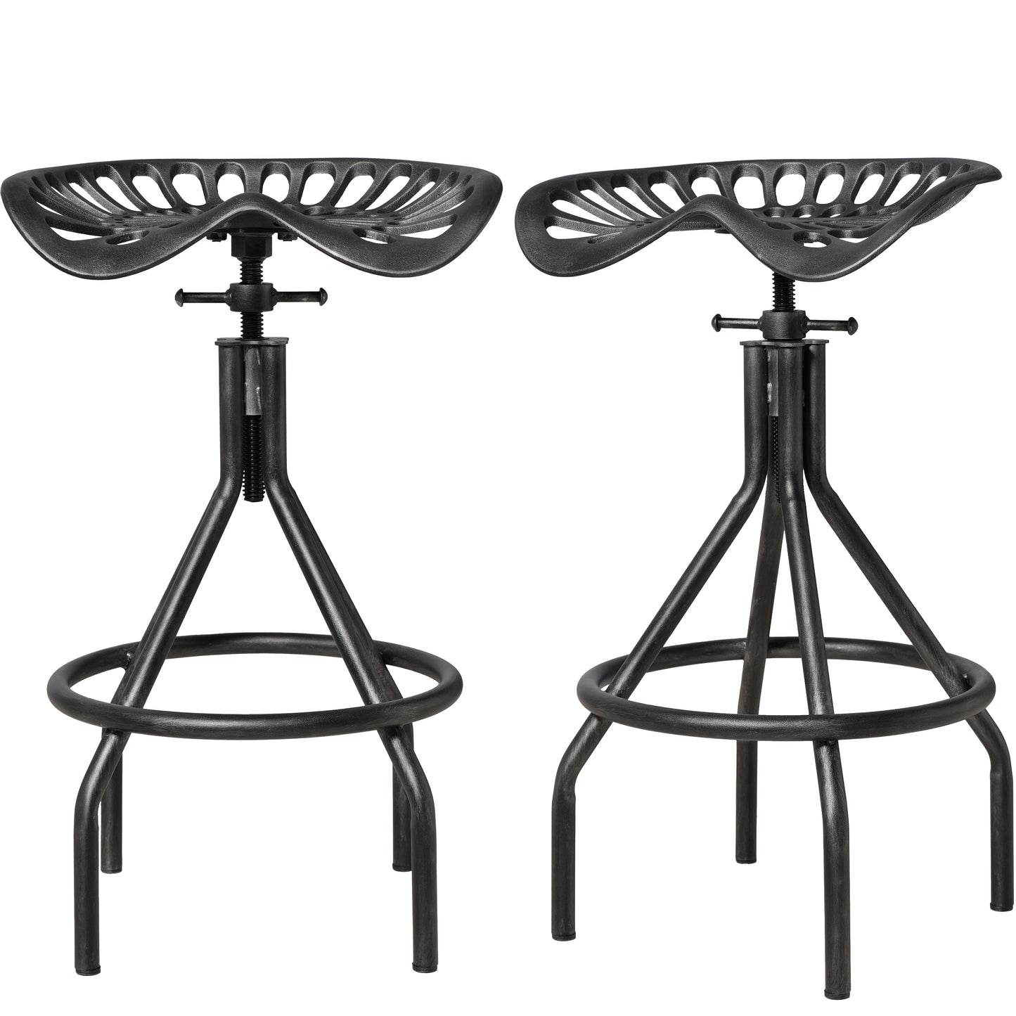 Industrial Tractor Seat Barstools Farmhouse Cast Iron Adjustable Counter Height Stools Swivel Kitchen Saddle Bar Stools Set of 2 Metal Outdoor Black Brush Silver Dining Chair 24"-30"(SILVER)