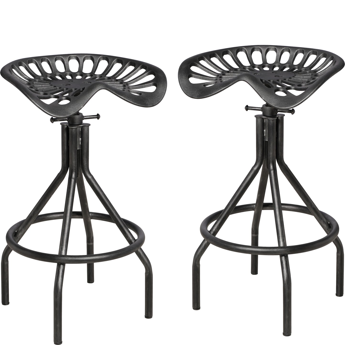 Industrial Tractor Seat Barstools Farmhouse Cast Iron Adjustable Counter Height Stools Swivel Kitchen Saddle Bar Stools Set of 2 Metal Outdoor Black Brush Silver Dining Chair 24"-30"(SILVER)