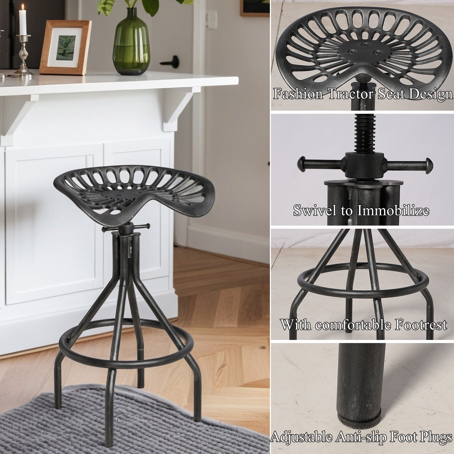 Industrial Tractor Seat Barstools Farmhouse Cast Iron Adjustable Counter Height Stools Swivel Kitchen Saddle Bar Stools Set of 2 Metal Outdoor Black Brush Silver Dining Chair 24"-30"(SILVER)