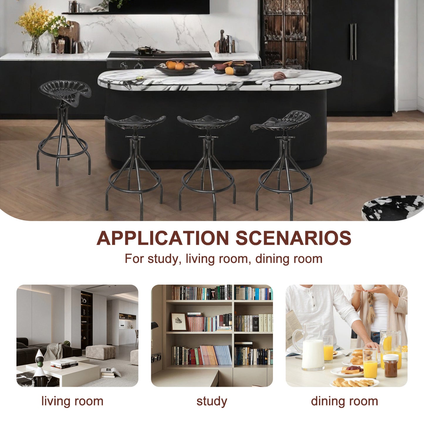 Industrial Tractor Seat Barstools Farmhouse Cast Iron Adjustable Counter Height Stools Swivel Kitchen Saddle Bar Stools Set of 2 Metal Outdoor Black Brush Silver Dining Chair 24"-30"(SILVER)