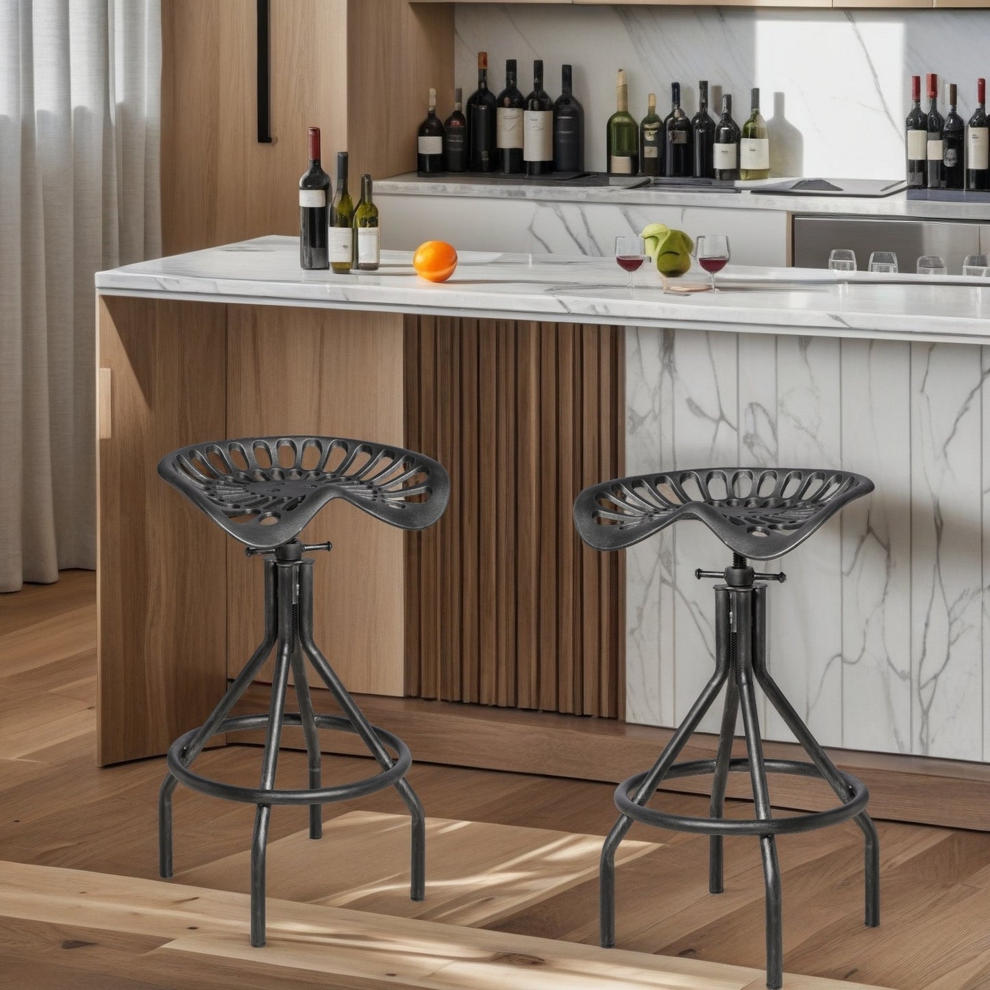 Industrial Tractor Seat Barstools Farmhouse Cast Iron Adjustable Counter Height Stools Swivel Kitchen Saddle Bar Stools Set of 2 Metal Outdoor Black Brush Silver Dining Chair 24"-30"(SILVER)