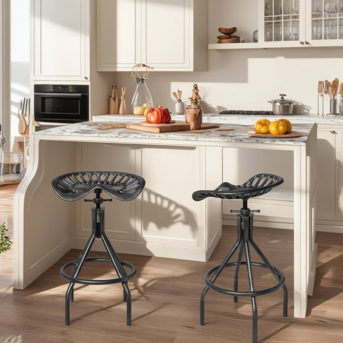 Industrial Tractor Seat Barstools Farmhouse Cast Iron Adjustable Counter Height Stools Swivel Kitchen Saddle Bar Stools Set of 2 Metal Outdoor Black Brush Silver Dining Chair 24"-30"(SILVER)