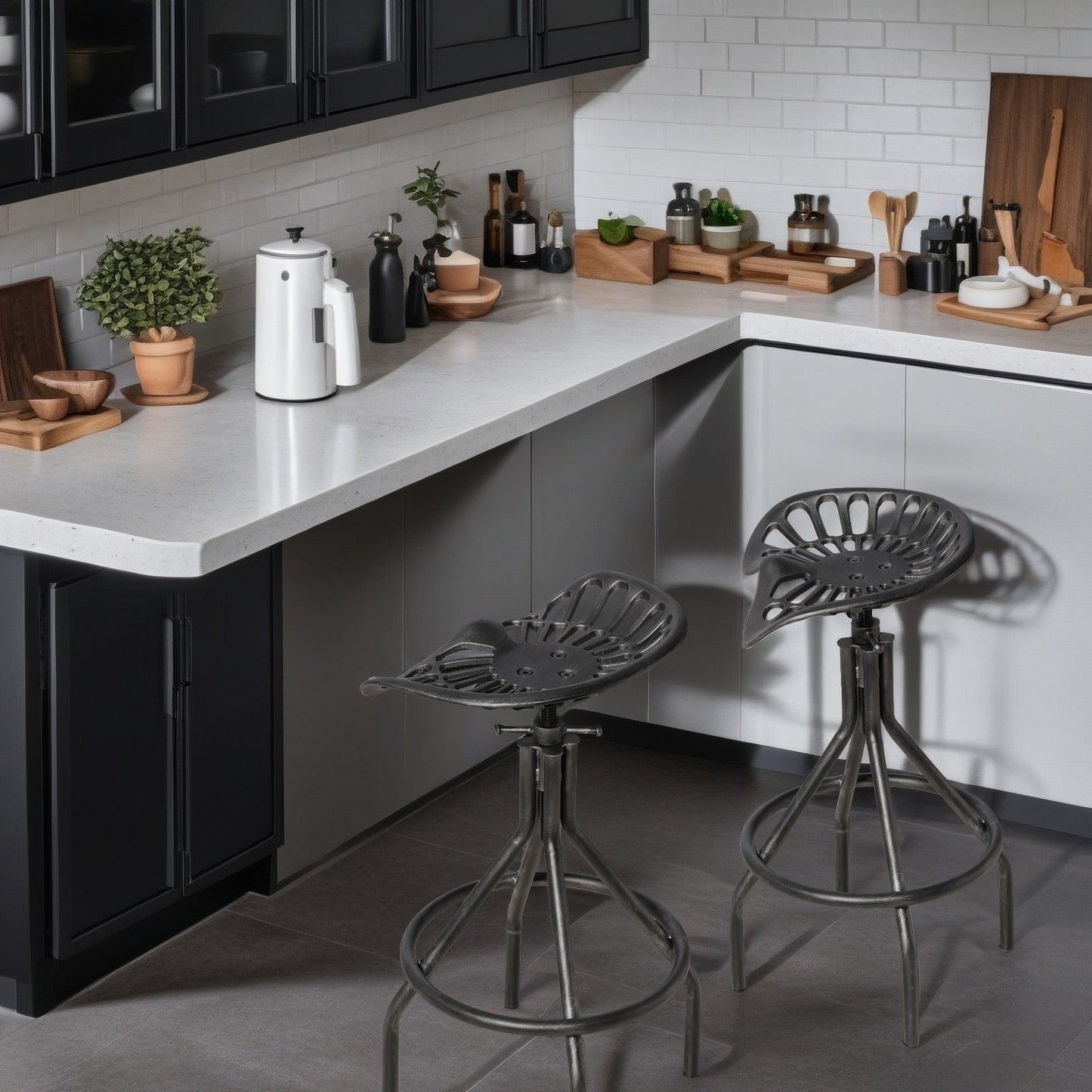 Industrial Tractor Seat Barstools Farmhouse Cast Iron Adjustable Counter Height Stools Swivel Kitchen Saddle Bar Stools Set of 2 Metal Outdoor Black Brush Silver Dining Chair 24"-30"(SILVER)