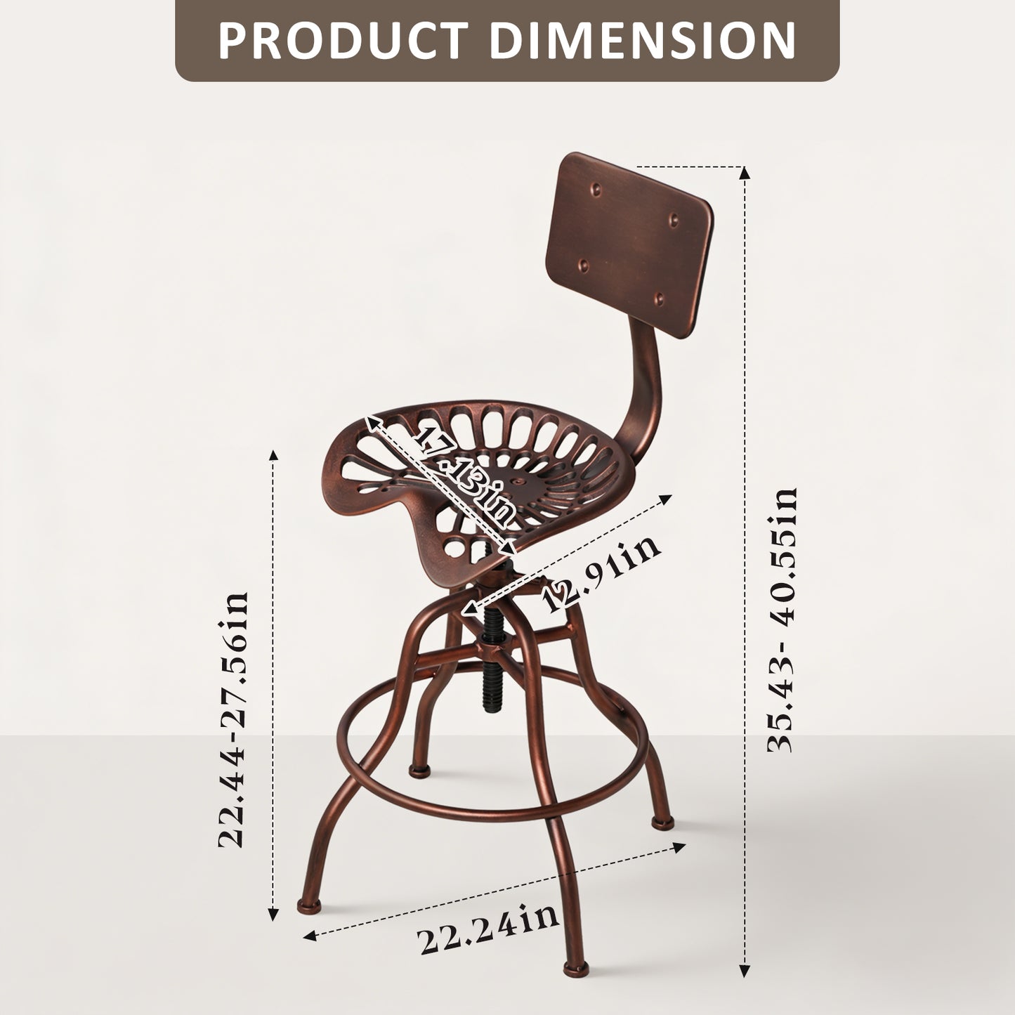 SET OF 1, Adjustable Industrial Home Bar Stools - Cast Iron Tractor Seat Swivel Metal Farmhouse Dining Stools - Counter & Pub Height 22.44" to 27.56" - Copper Finish