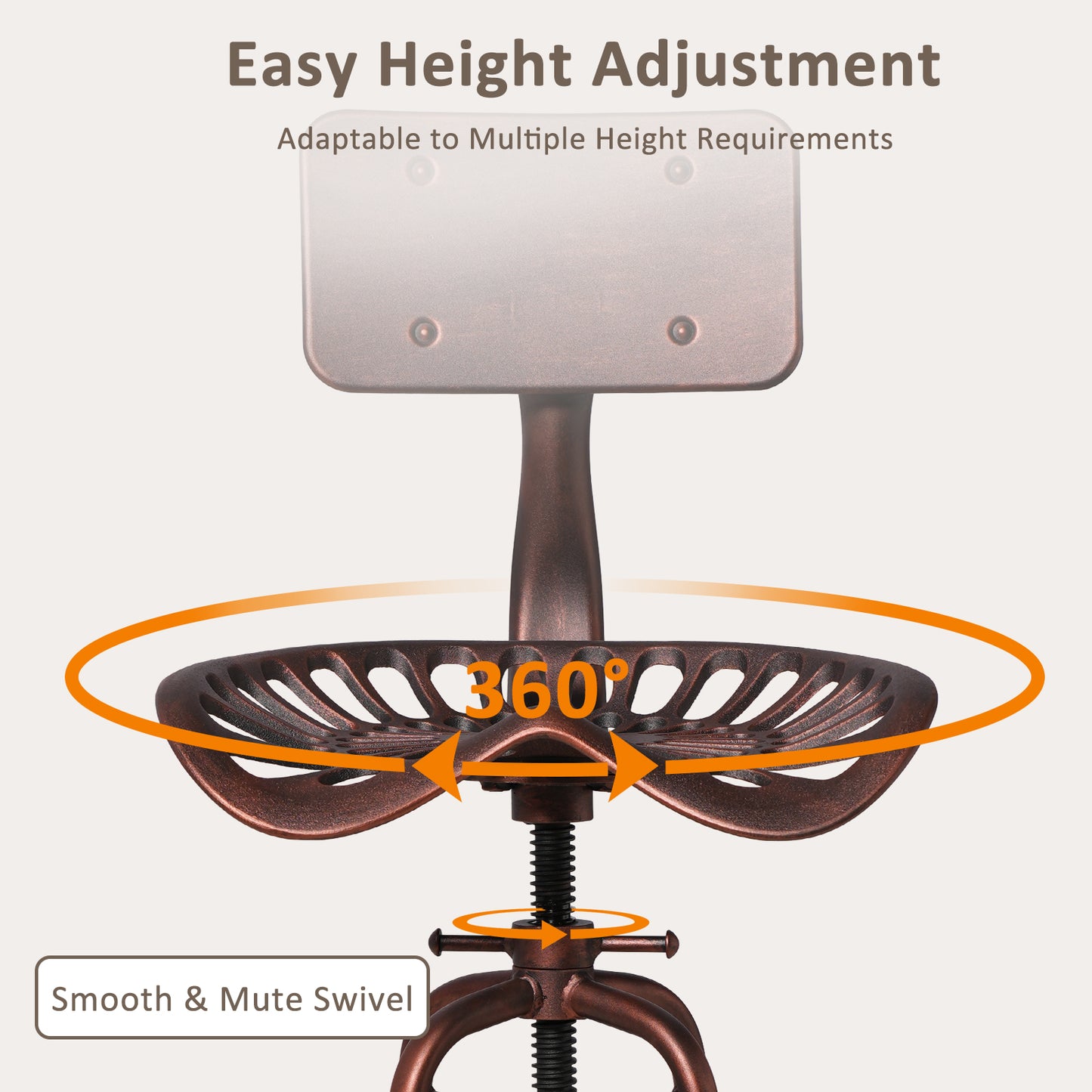 SET OF 1, Adjustable Industrial Home Bar Stools - Cast Iron Tractor Seat Swivel Metal Farmhouse Dining Stools - Counter & Pub Height 22.44" to 27.56" - Copper Finish