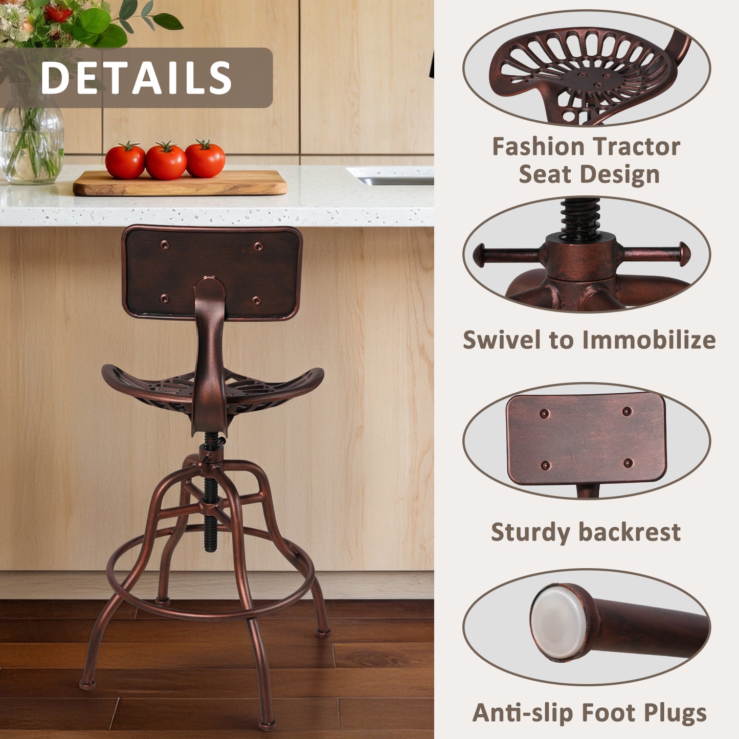 SET OF 1, Adjustable Industrial Home Bar Stools - Cast Iron Tractor Seat Swivel Metal Farmhouse Dining Stools - Counter & Pub Height 22.44" to 27.56" - Copper Finish