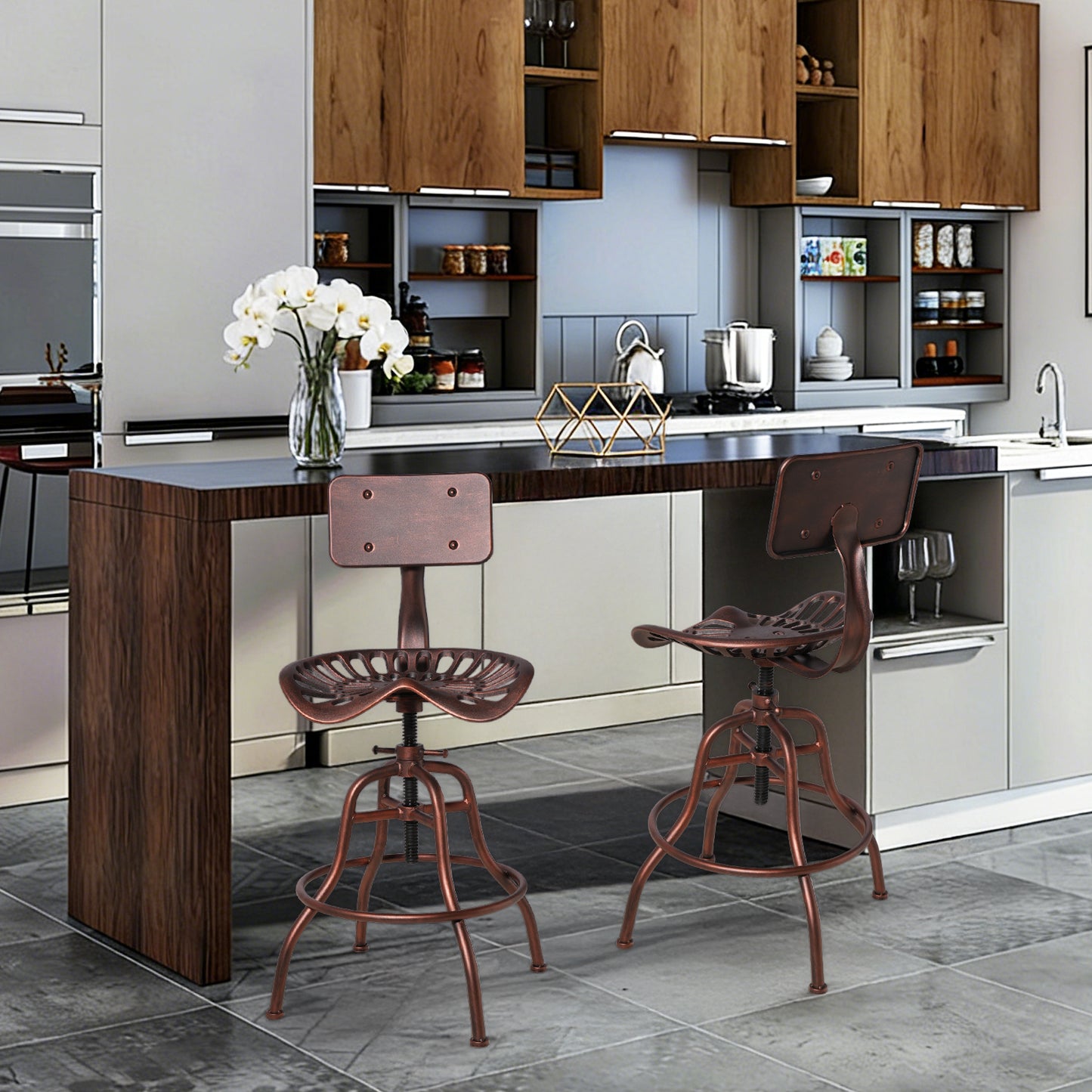 SET OF 1, Adjustable Industrial Home Bar Stools - Cast Iron Tractor Seat Swivel Metal Farmhouse Dining Stools - Counter & Pub Height 22.44" to 27.56" - Copper Finish