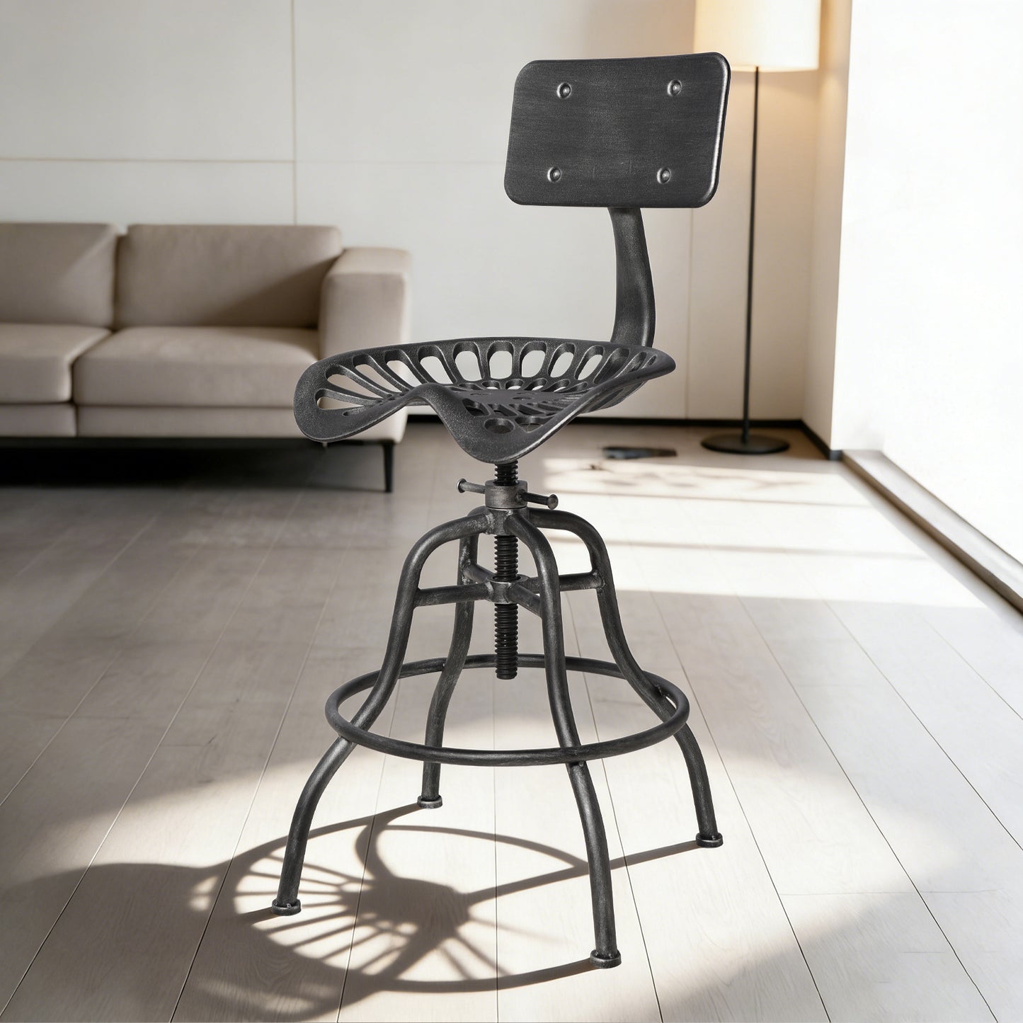 SET OF 1, Adjustable Industrial Home Bar Stools - Cast Iron Tractor Seat Swivel Metal Farmhouse Dining Stools - Counter & Pub Height 22.44" to 27.56" - Black with Brushed Silver Finish