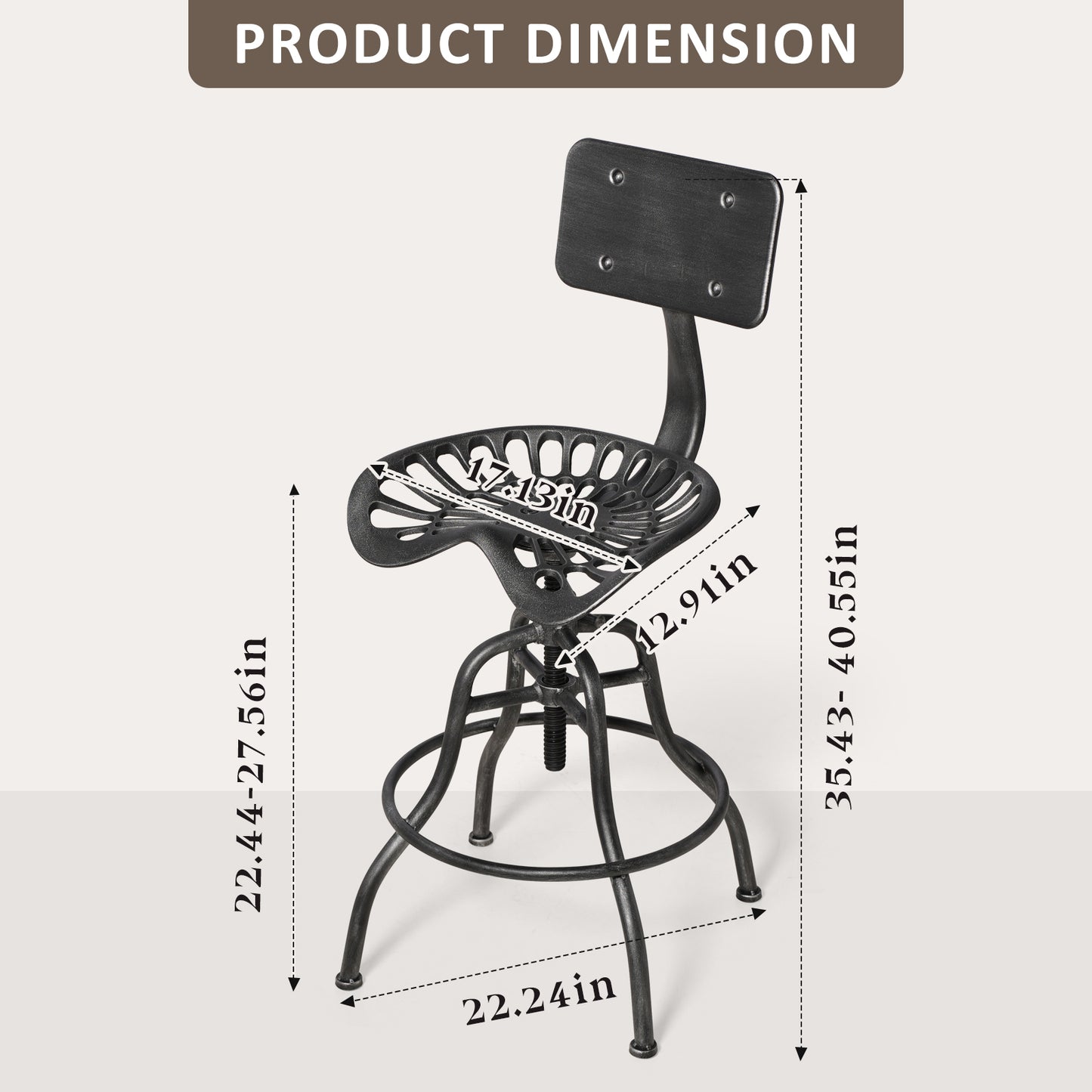 SET OF 1, Adjustable Industrial Home Bar Stools - Cast Iron Tractor Seat Swivel Metal Farmhouse Dining Stools - Counter & Pub Height 22.44" to 27.56" - Black with Brushed Silver Finish