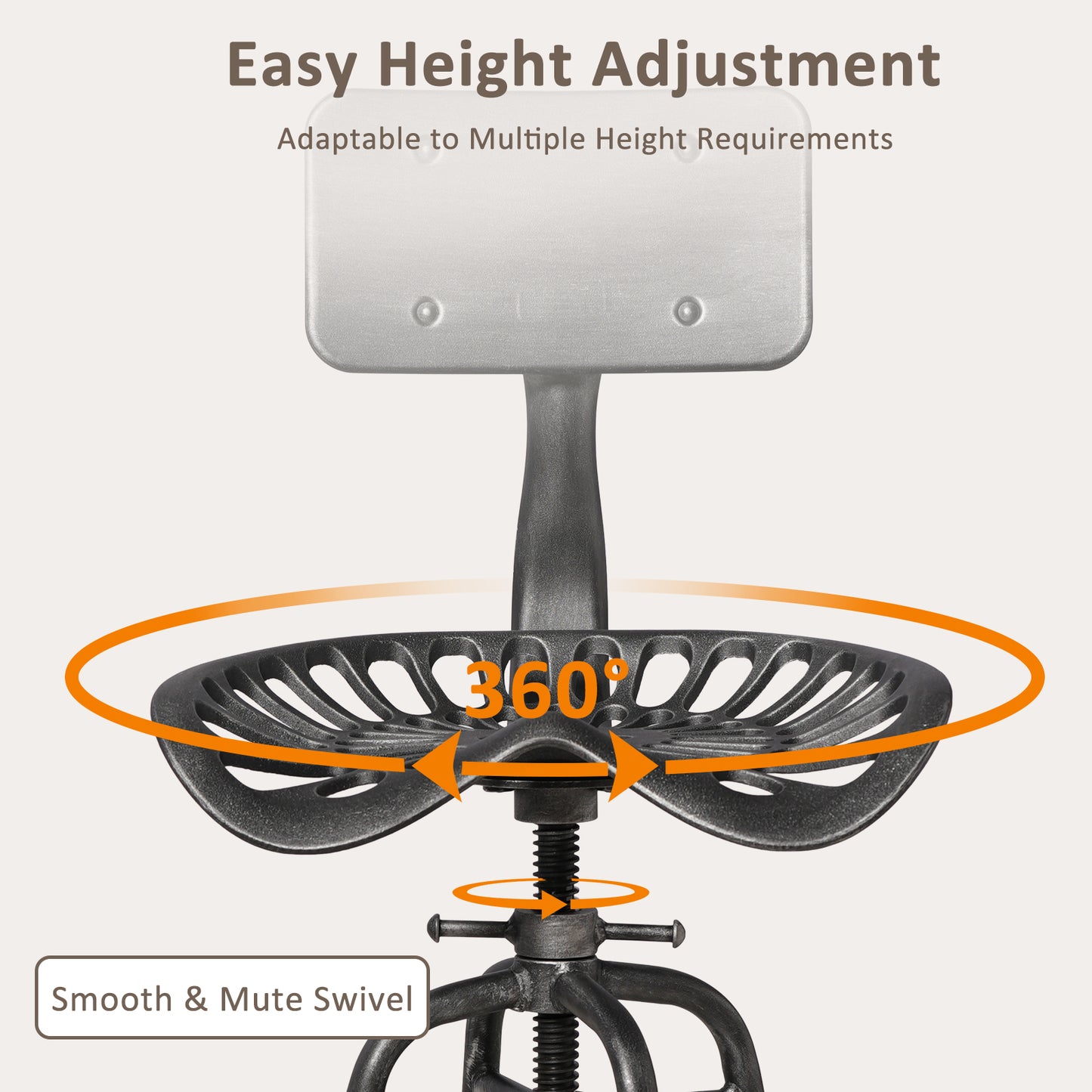 SET OF 1, Adjustable Industrial Home Bar Stools - Cast Iron Tractor Seat Swivel Metal Farmhouse Dining Stools - Counter & Pub Height 22.44" to 27.56" - Black with Brushed Silver Finish