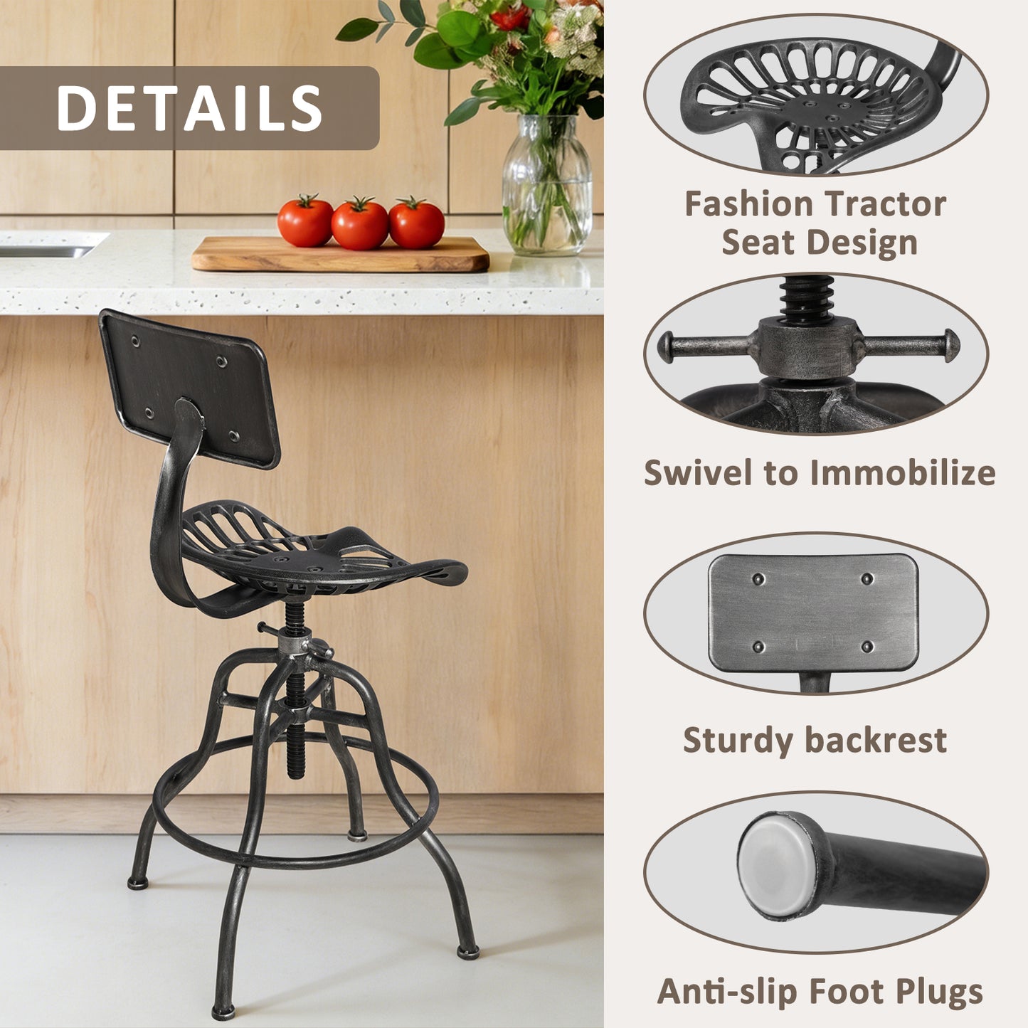 SET OF 1, Adjustable Industrial Home Bar Stools - Cast Iron Tractor Seat Swivel Metal Farmhouse Dining Stools - Counter & Pub Height 22.44" to 27.56" - Black with Brushed Silver Finish