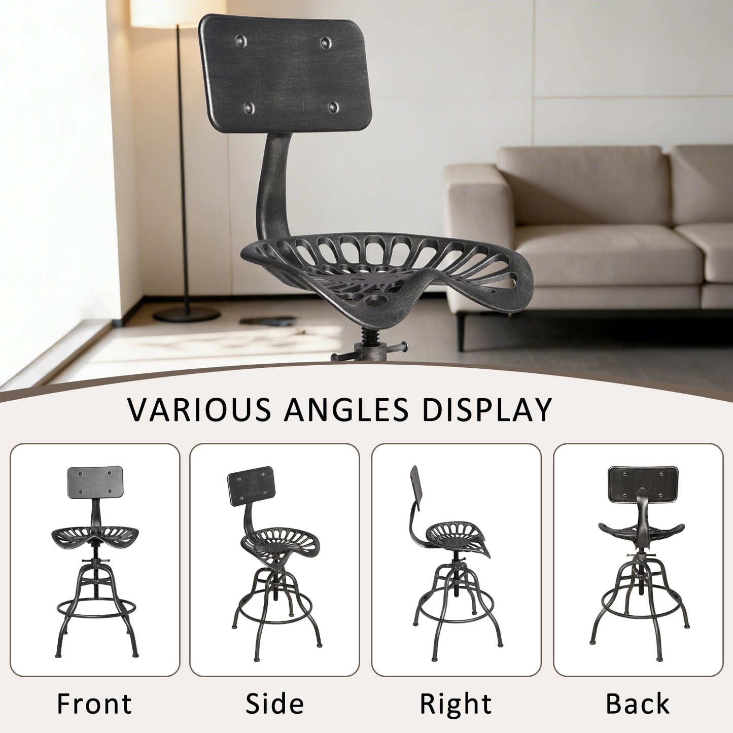 SET OF 1, Adjustable Industrial Home Bar Stools - Cast Iron Tractor Seat Swivel Metal Farmhouse Dining Stools - Counter & Pub Height 22.44" to 27.56" - Black with Brushed Silver Finish