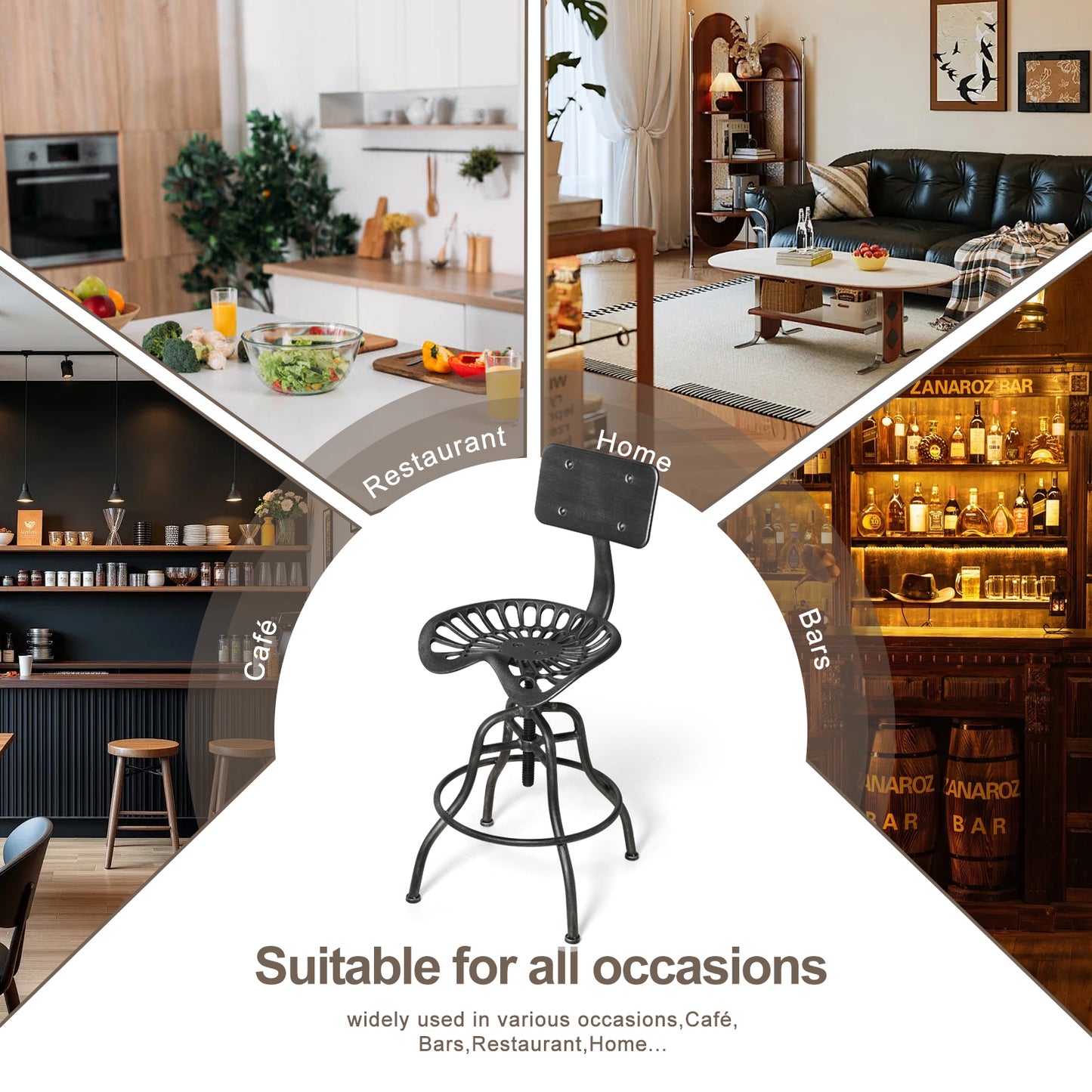 SET OF 1, Adjustable Industrial Home Bar Stools - Cast Iron Tractor Seat Swivel Metal Farmhouse Dining Stools - Counter & Pub Height 22.44" to 27.56" - Black with Brushed Silver Finish