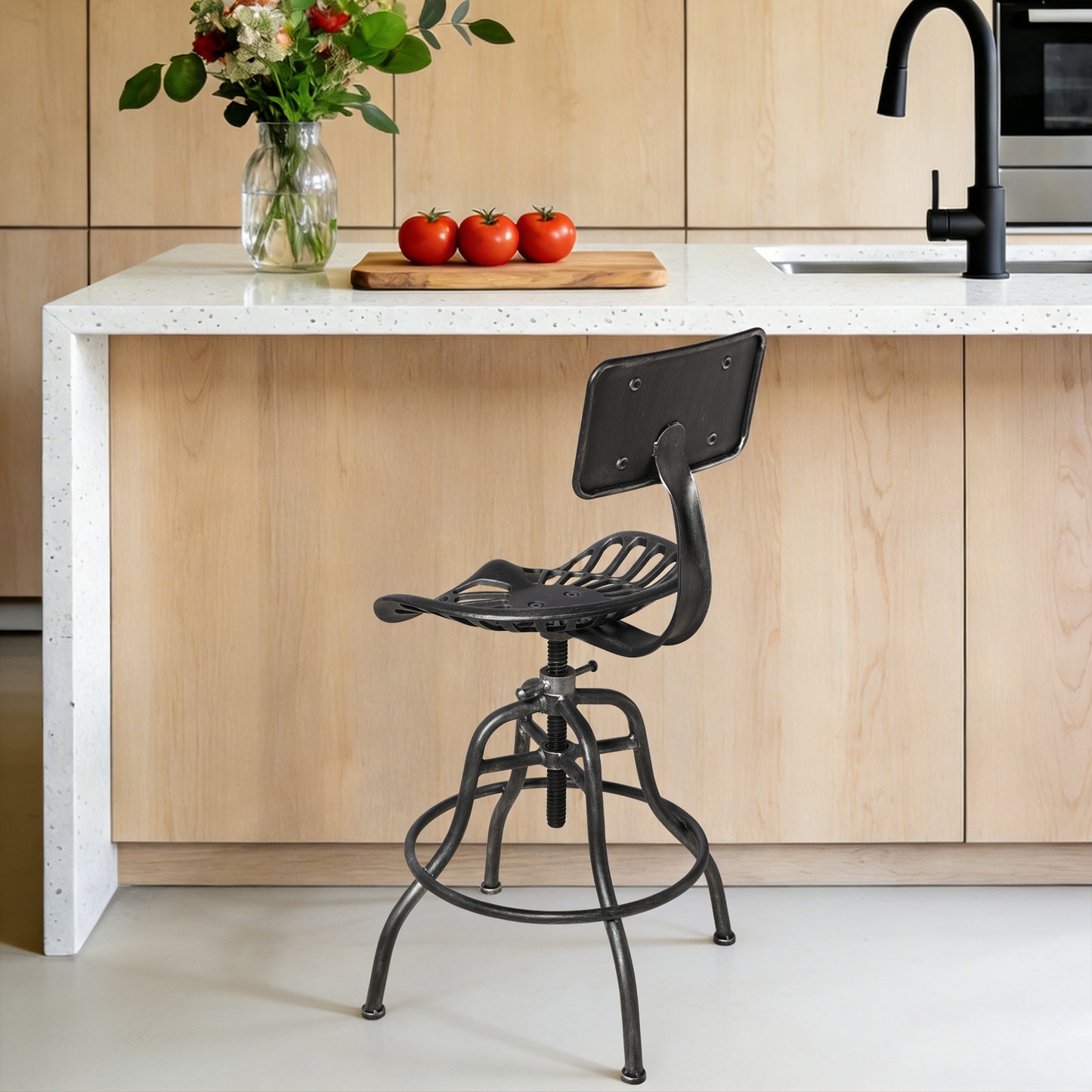 SET OF 1, Adjustable Industrial Home Bar Stools - Cast Iron Tractor Seat Swivel Metal Farmhouse Dining Stools - Counter & Pub Height 22.44" to 27.56" - Black with Brushed Silver Finish