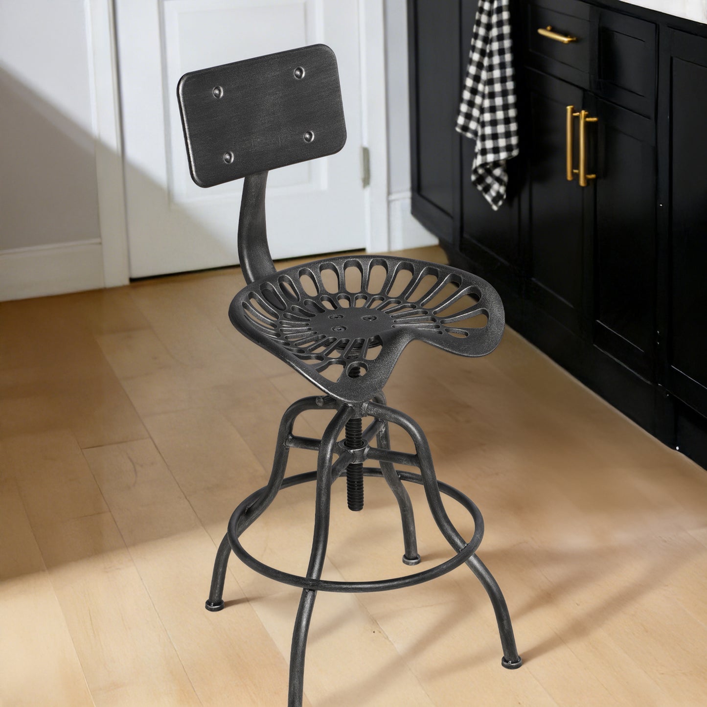 SET OF 1, Adjustable Industrial Home Bar Stools - Cast Iron Tractor Seat Swivel Metal Farmhouse Dining Stools - Counter & Pub Height 22.44" to 27.56" - Black with Brushed Silver Finish