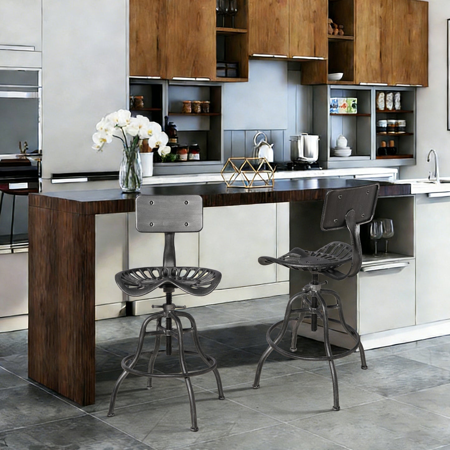 SET OF 1, Adjustable Industrial Home Bar Stools - Cast Iron Tractor Seat Swivel Metal Farmhouse Dining Stools - Counter & Pub Height 22.44" to 27.56" - Black with Brushed Silver Finish