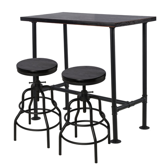 Industrial Bar Table and 2 Stools Set, Solid Pine Wood with Black Walnut Finish, Fixed Height Bar Height Table with Adjustable Stools for Kitchen, Dining Room, Home Bar & Cafe