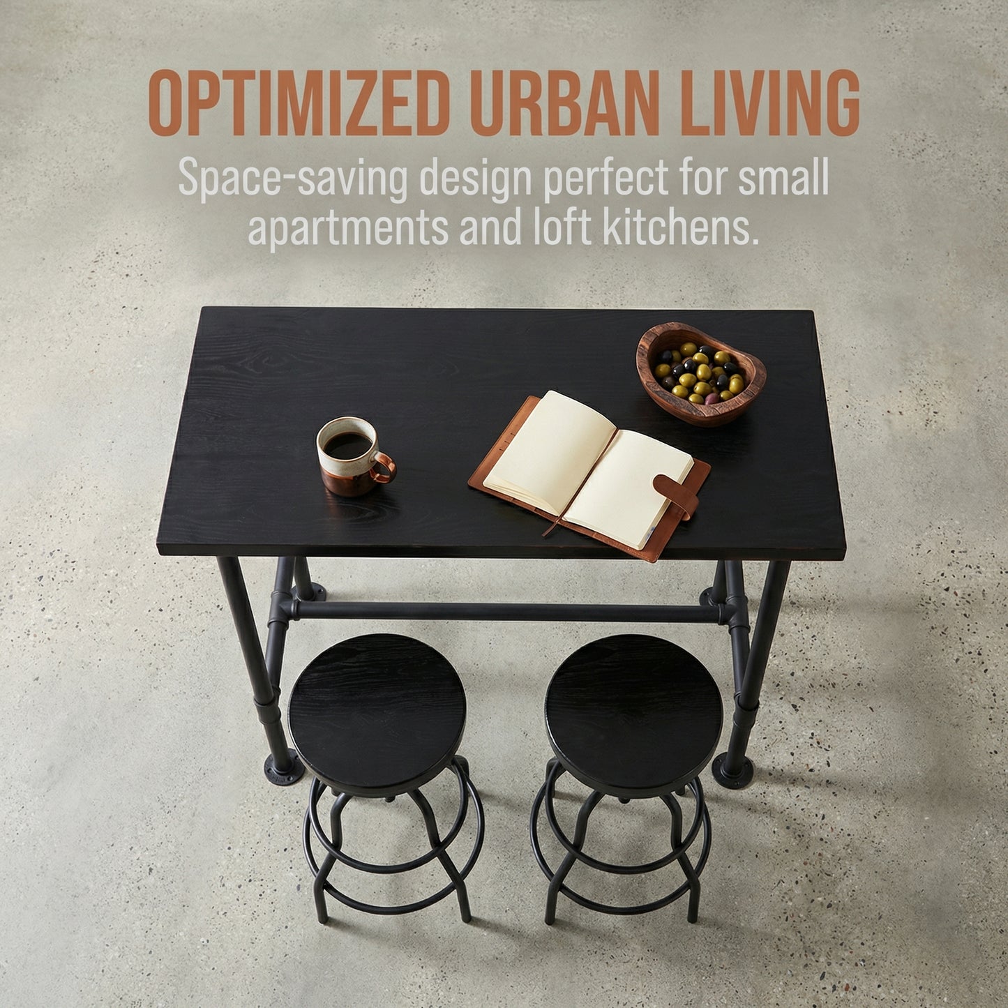 Industrial Bar Table and 2 Stools Set, Solid Pine Wood with Black Walnut Finish, Fixed Height Bar Height Table with Adjustable Stools for Kitchen, Dining Room, Home Bar & Cafe