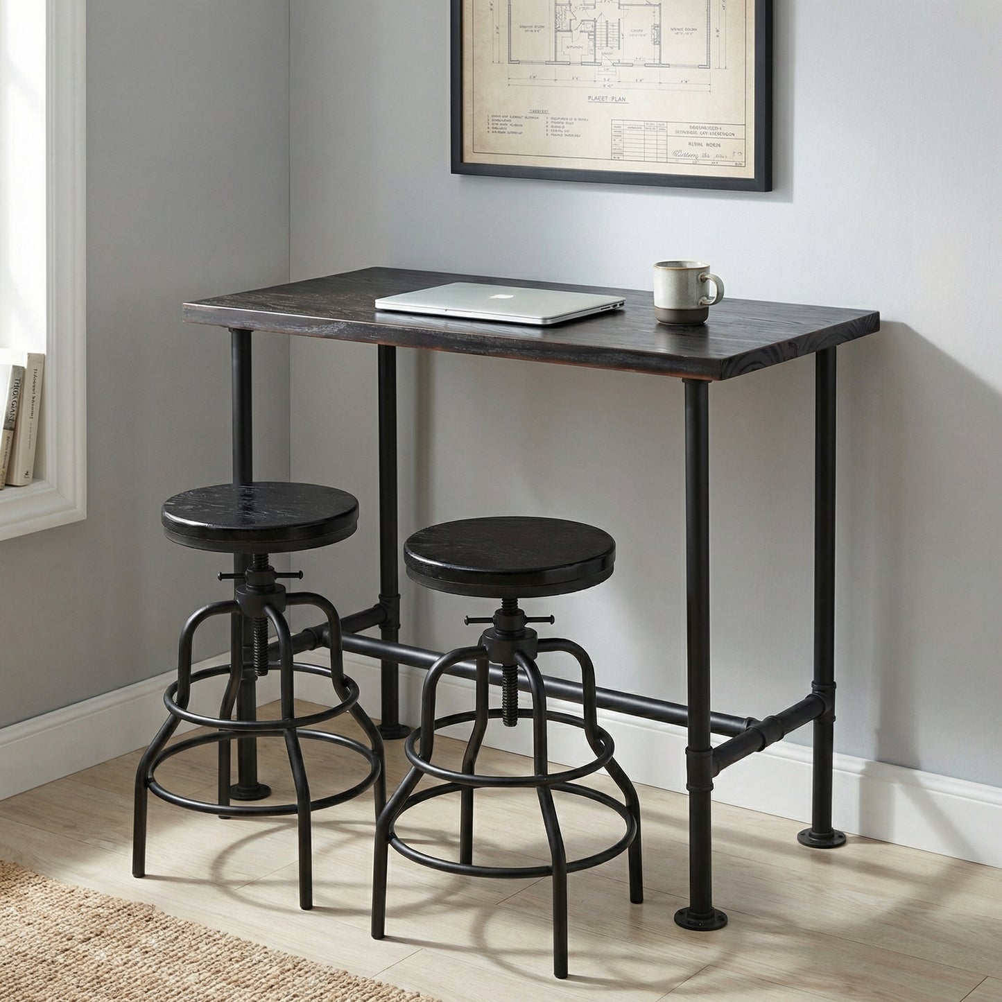 Industrial Bar Table and 2 Stools Set, Solid Pine Wood with Black Walnut Finish, Fixed Height Bar Height Table with Adjustable Stools for Kitchen, Dining Room, Home Bar & Cafe