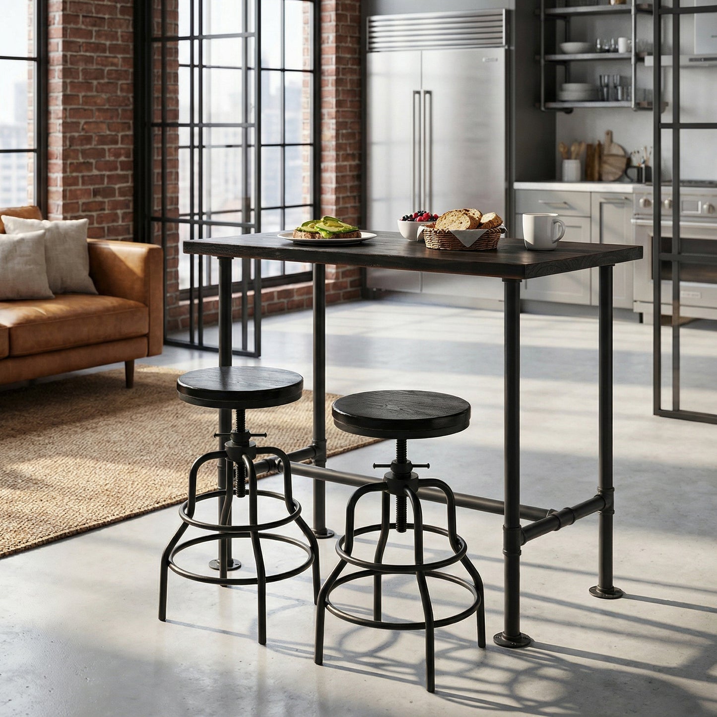 Industrial Bar Table and 2 Stools Set, Solid Pine Wood with Black Walnut Finish, Fixed Height Bar Height Table with Adjustable Stools for Kitchen, Dining Room, Home Bar & Cafe