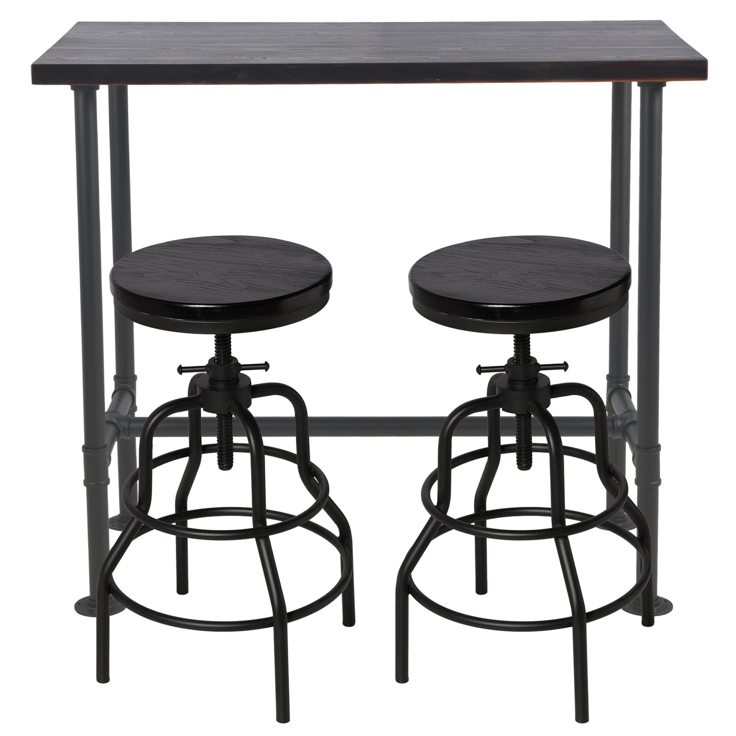 Industrial Bar Table and 2 Stools Set, Solid Pine Wood with Black Walnut Finish, Fixed Height Bar Height Table with Adjustable Stools for Kitchen, Dining Room, Home Bar & Cafe