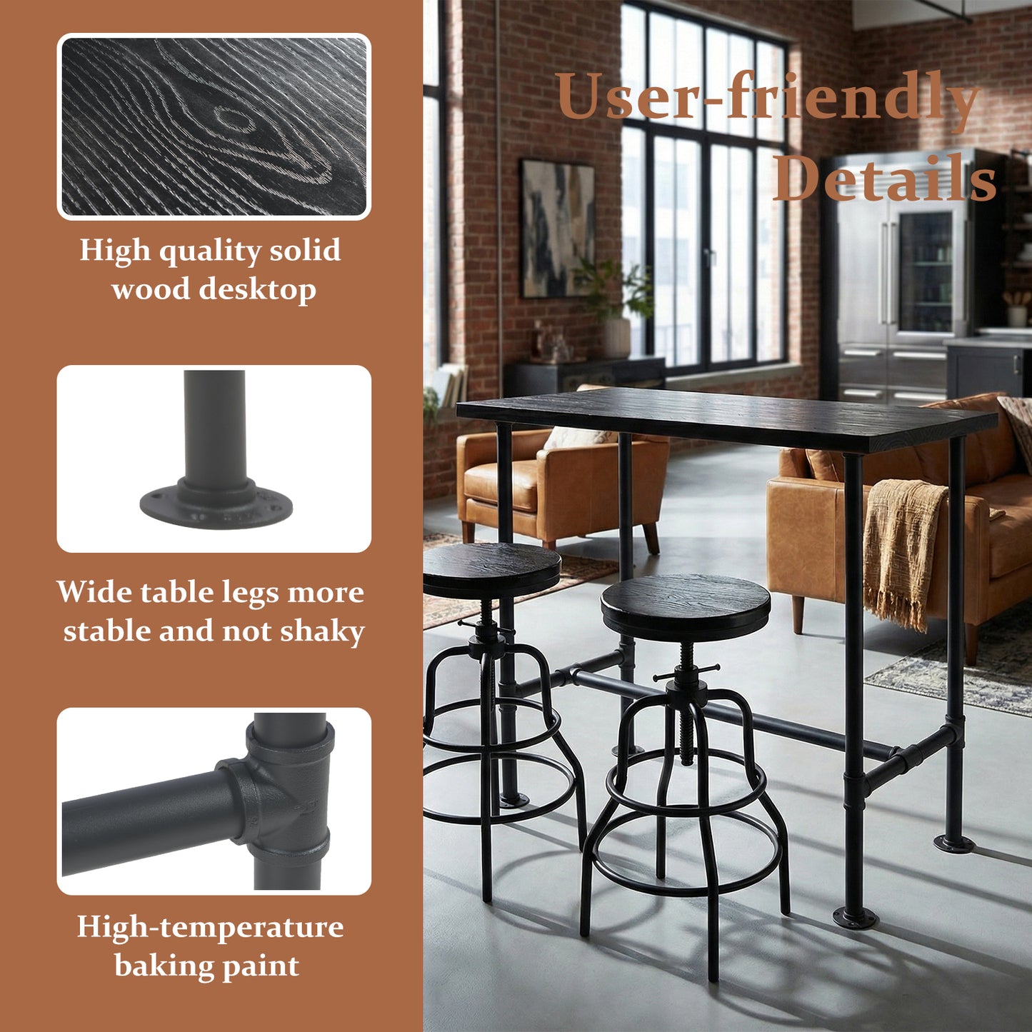 Industrial Bar Table and 2 Stools Set, Solid Pine Wood with Black Walnut Finish, Fixed Height Bar Height Table with Adjustable Stools for Kitchen, Dining Room, Home Bar & Cafe